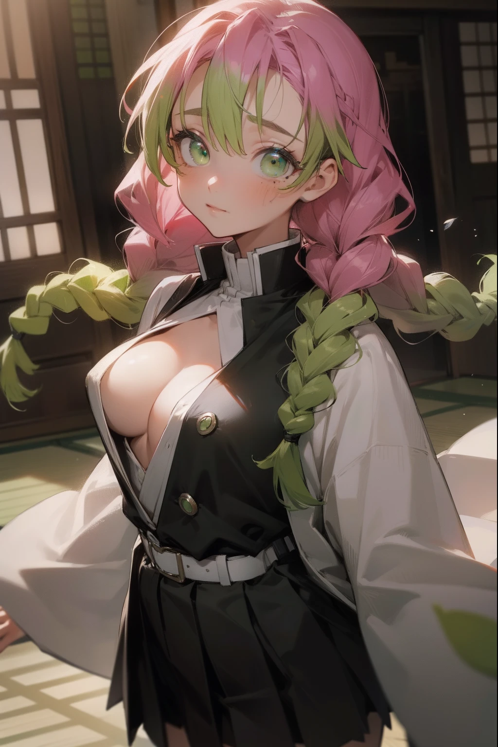 mitsurikanroji, mitsuri kanroji, braid, gradient hair, (green eyes:1.5), green hair, long hair, mole,  mole under eye, multicolored hair, pink hair, twin braids, two-tone hair,
BREAK belt, black skirt, cleavage, coat, demon slayer uniform, haori, japanese clothes, long sleeves, miniskirt,  partially unbuttoned, pleated skirt, skirt, uniform,
BREAK looking at viewer,
BREAK indoors,
BREAK (masterpiece:1.2), best quality, high resolution, unity 8k wallpaper, (illustration:0.8), (beautiful detailed eyes:1.6), extremely detailed face, perfect lighting, extremely detailed CG, (perfect hands, perfect anatomy),