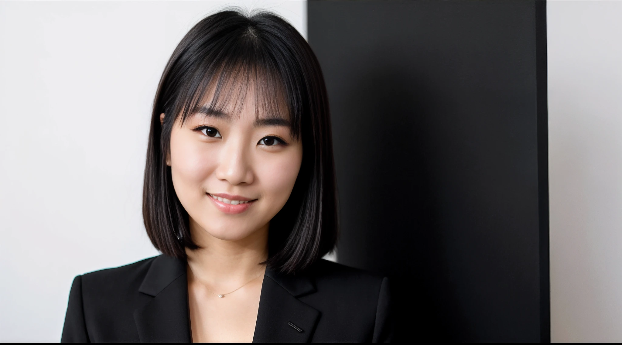 instagram photo, closeup face photo a japanese woman in a black suit, black shirt and black pants posing suit for a picture on the white background