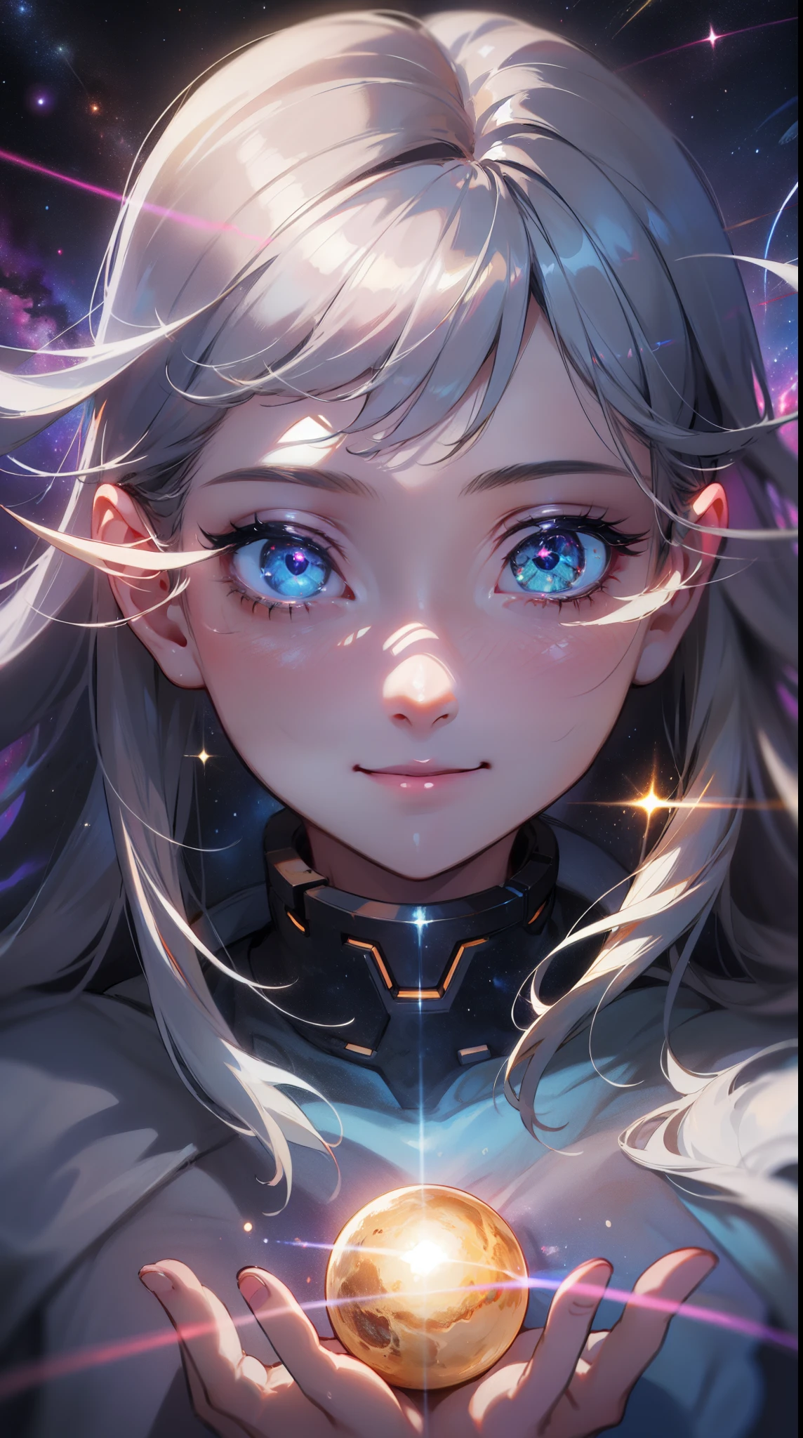 ((masterpiece)), best quality, 8k, high quality, high resolution, super detailed, ultra detailed, photorealistic, otherworldly and finely detailed face and eyes, ultra detailed and detailed skin texture, alien eyes, perfect face, 1 girl, iridescent tentacles, (extraterrestrial attire), mesmerizing gaze, (galactic aura), holding a glowing orb, floating in a cosmic void, serene expression, ((ethereal smile)), night, interstellar space, distant nebulae, cosmic majesty, (celestial lights), (interstellar whispers), since eons past, Lyra, cosmic eyes, "Contact" inspired background