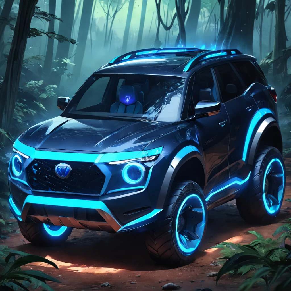 3d photo realistic SUV car, Alien landscape, Blue glowing detail, Hidden Chinese dragon,Mysterious technology deep in the forest