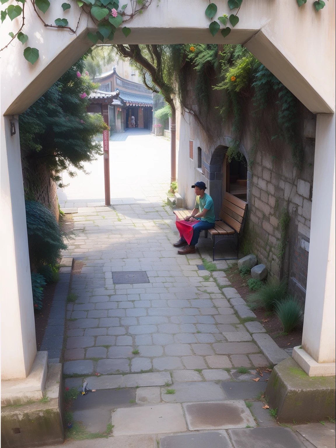 there is a man sitting on a bench under a tree, Sweep the arch, an archway, there are archways, unknown artist, ancient garden behind her, author：Li Zai, standing astride a gate, Archway, courtyard walkway, near a stone gate, in a narrow chinese alley, zhouzhuang ancient town, outside, green alleys, artist unknown