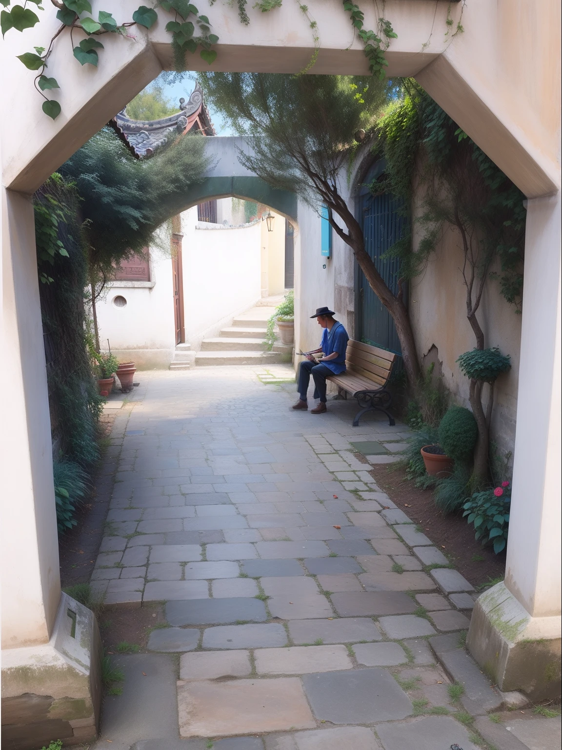 there is a man sitting on a bench under a tree, Sweep the arch, an archway, there are archways, unknown artist, ancient garden behind her, author:Li Zai, standing astride a gate, Archway, courtyard walkway, near a stone gate, in a narrow chinese alley, zhouzhuang ancient town, outside, green alleys, artist unknown