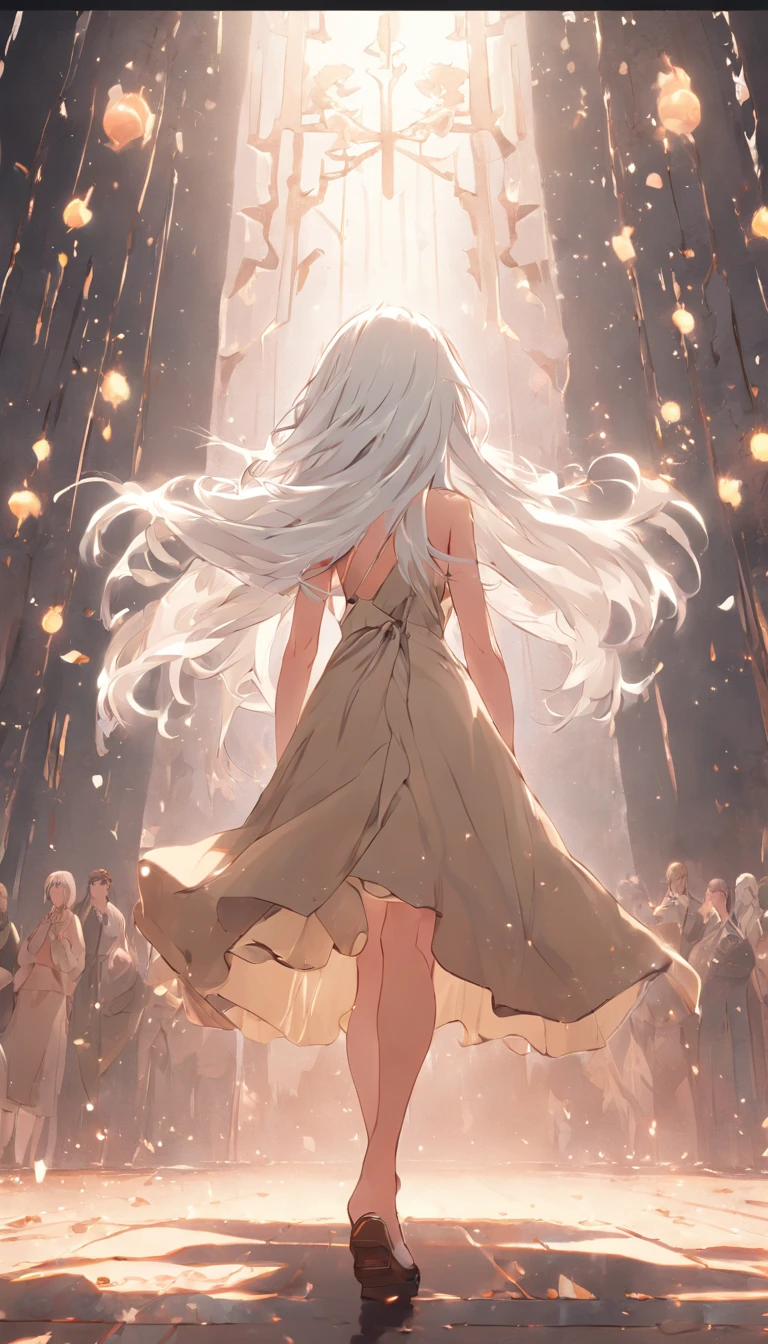 White hair wearing beige dress girl back
