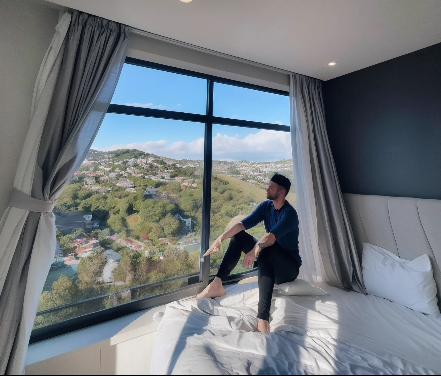 there is a man sitting on a bed in front of a window, 8 k. filling of the view, with backdrop of natural light, chill time. good view, looked at big window, beautful view, 8 k. filling most of the view, great view, nice view, amazing view, floor to ceiling window, sitting on a bed, scenic view
