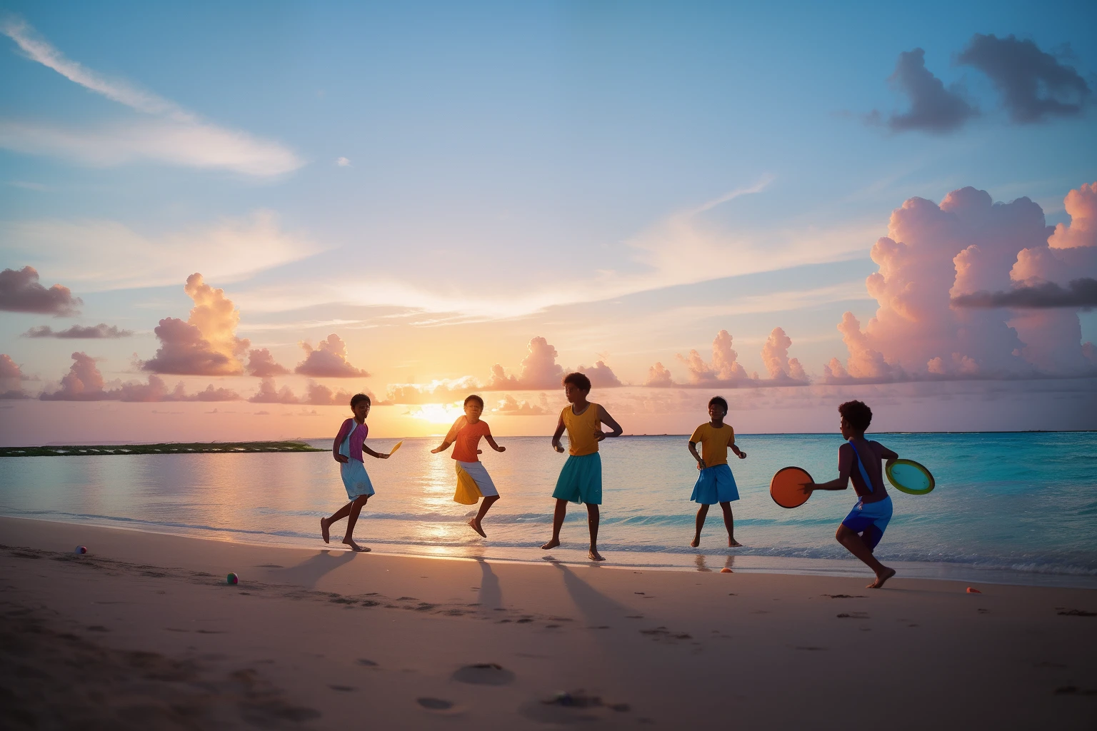 Year: 2022
Country: Marshall Islands
Description: On the pristine beaches of Majuro, a group of agers play a whimsical game of frisbee with brightly colored discs. The pastel hues of the sunset reflect off the tranquil waters, creating a cinematic scene.