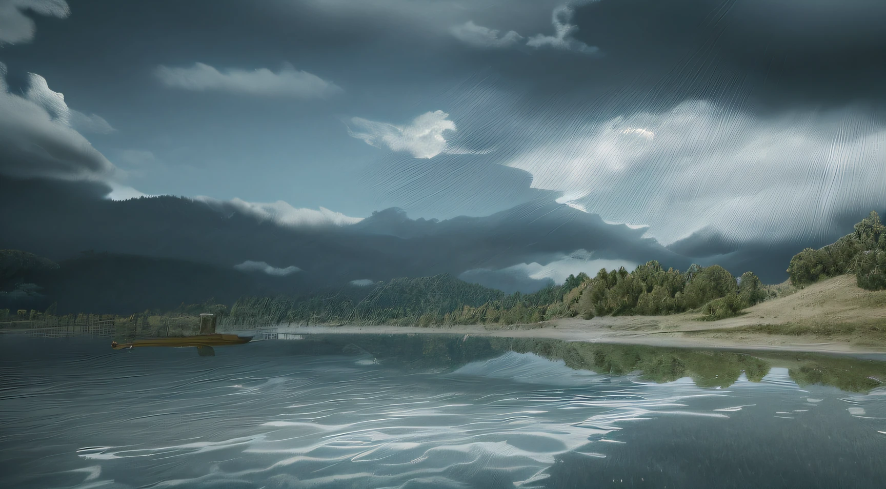 There is a boat sitting on the water under a cloudy sky, detailed lake in background, realistic water, wide river and lake, hd screenshot, videogame still, lake foreground, beautiful landscape rendering, epic matte painting of an island, game footage, stunning visuals with rtx on, epic landscapes, atmospheric establishing shot, Terragen, detailed scenic view