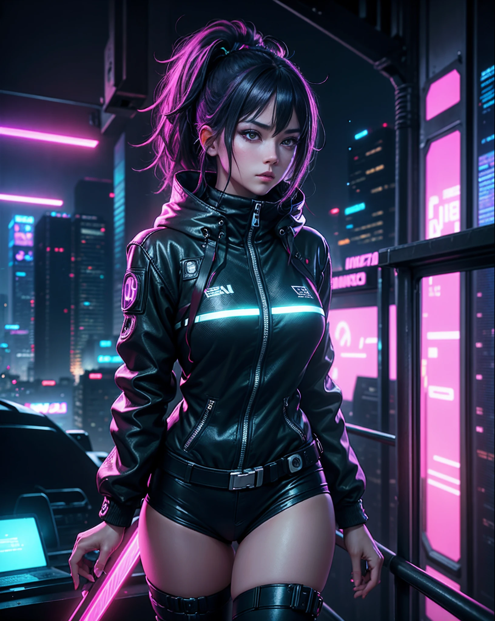 An ultra-realistic female anime character amidst a neon-drenched cityscape at night. The digital artwork showcases exquisite detailing, from her expressive eyes to her cyberpunk attire. A masterpiece in 8K resolution, immersing viewers in a captivating cyberpunk anime experience. Photo taken by Hiroshi Sugimoto with a Nikon D850 and a 50mm lens, Studio lighting, Neon ambiance. 8K, Ultra-HD, Super-Resolution. --v 5 --q 2