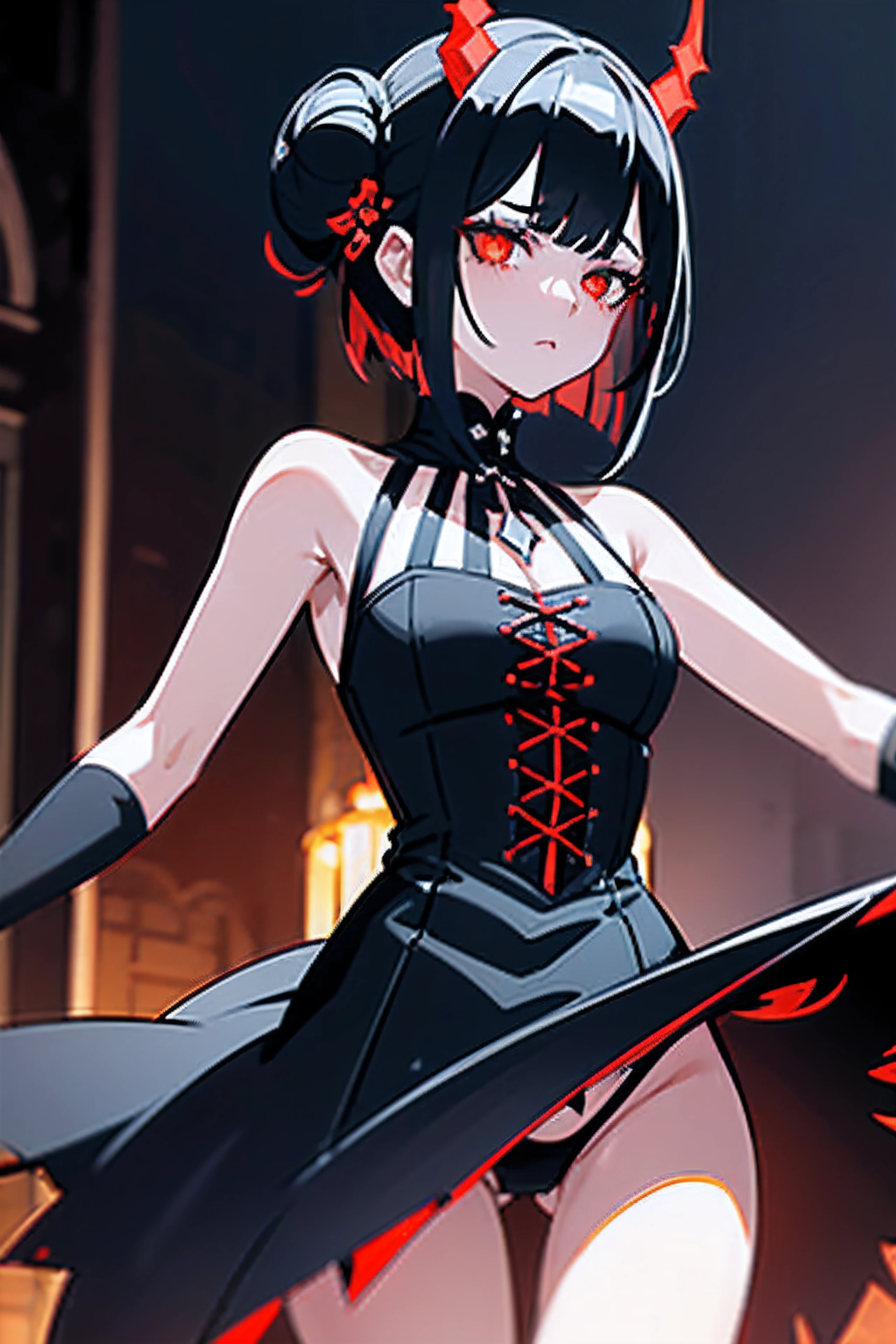 1 girl, demon girl, solo, black hair, short straight hair, gloves, bun updo, side bangs, long horns, ultra detailed red and black eyes, slit_pupils, gothic dress, sleeveless gothic dress, light gothic dress, skirtless gothic dress, ruined gothic cathedral in background, dim lighting, warm colours, fascinator, beautiful pose, serious expression