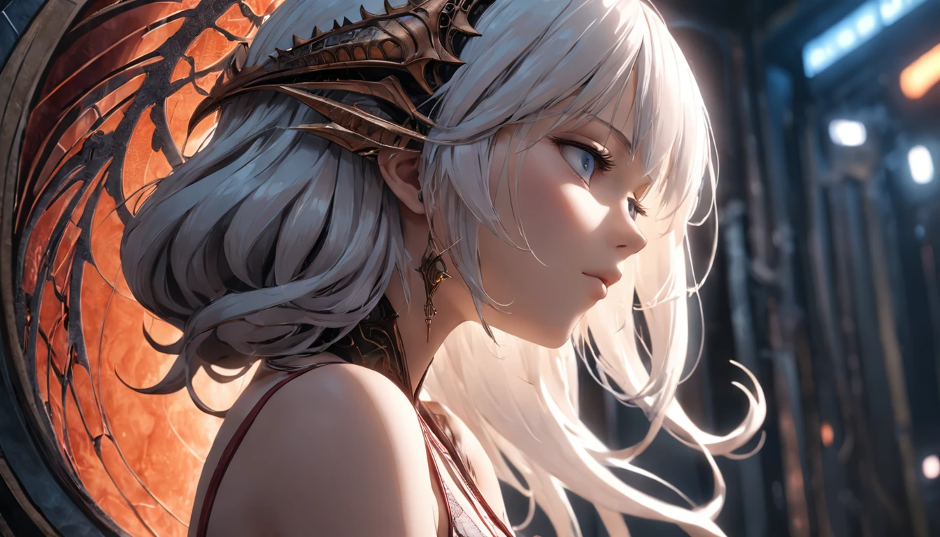 ultra detailed of a beautiful profile woman, bikini, 150 mm, beautiful studio soft light, vibrant details, lace, hyperrealistic, elegant, beautiful background, octane render, H. R. Giger style, 8k, best quality, masterpiece, illustration, an extremely delicate and beautiful, extremely detailed, wallpaper, (realistic, photo-realistic:1.37),Amazing, finely detail, masterpiece,best quality,official art, extremely detailed CG unity 8k wallpaper, absurdres, incredibly absurdres, full body, sitting