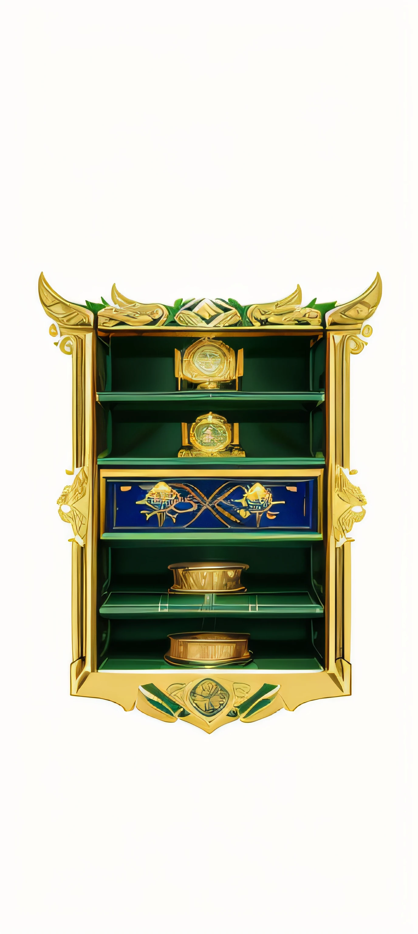 Green and gold logo with gold border and blue banner, With many gold coins, ability image, Rich in epic detail, Mild, ultra detailed 16k, 20k, Very tiny, Tiny details, gold noble, cash, Super high resolution, with bread in the slots, many exotic high end features, ornate gold, golden miniatures