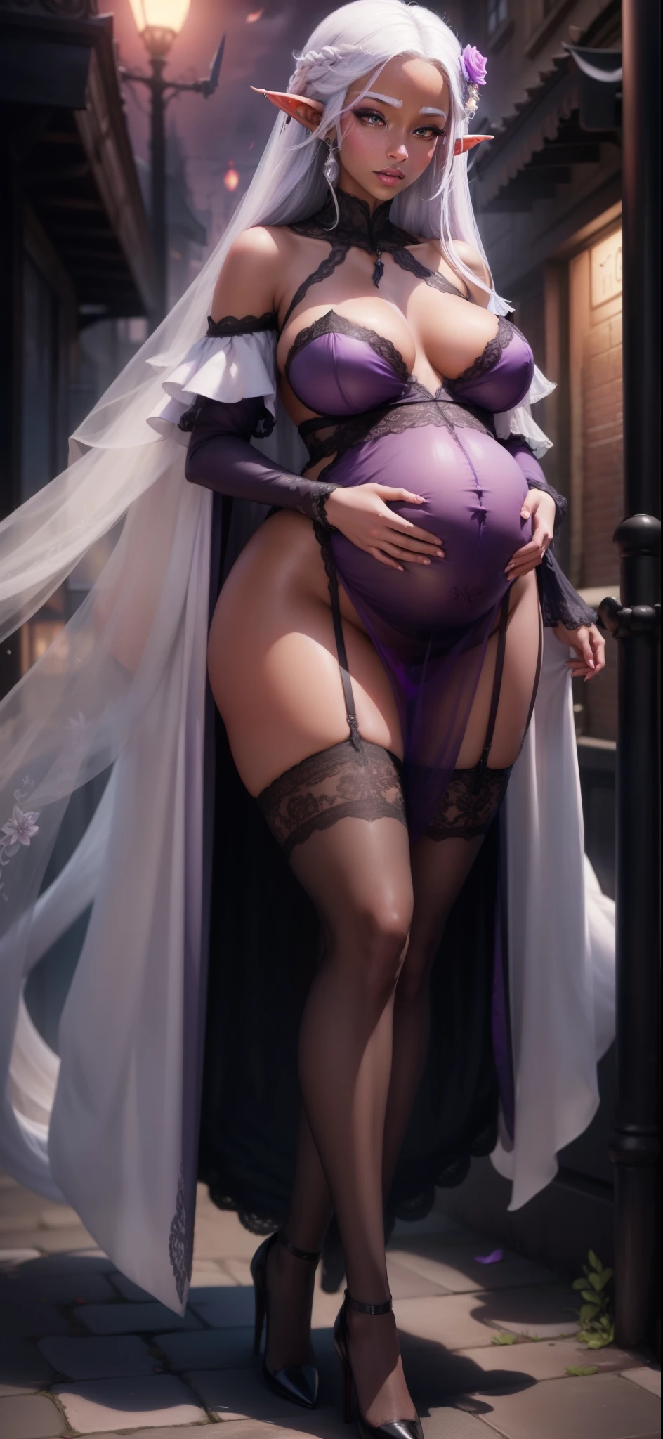 full bodyesbian，Drow Elves，(White hair)，Black skin，pointy ears，Delicate face，Pink love pupils，Happy expression，Customs，Sex practitioners，Nipple rings，Lace lingerie big breasts，black in color，Purple transparent wedding dress，Black high-waisted stockings，Shine，Enchanting posture，Wife-like feeling，Prostitutes，4 months pregnant，Pregnant women with，slender leg，pretty high-heel，simplebackground，Pink moon，the night，Walk in uninhabited alleys，Gloomy sky，（Speaking heart：1.4）