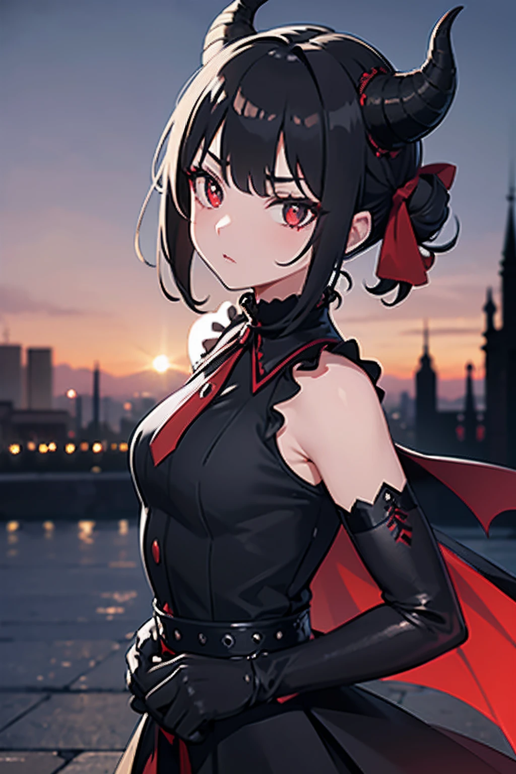 1 girl, demon girl, solo, black hair, short straight hair, gloves, bun updo, side bangs, long horns, ultra detailed red and black eyes, slit_pupils, gothic dress, sleeveless gothic dress, light gothic dress, skirtless gothic dress, ruined gothic cathedral in background, dim lighting, warm colours, fascinator, veil covering face, beautiful pose, serious expression