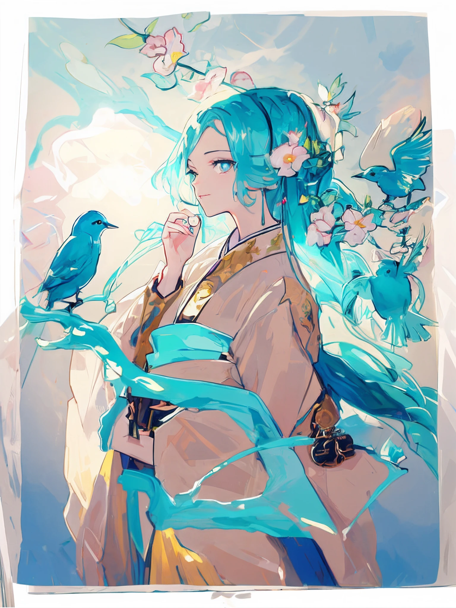 (masterpiece), (best quality), (ultra detailed),(disheveled hair),(illustration), (1girl), (Fashionable clothing), standing, Fashion model, looking at viewer, (interview), (simple background),beautiful detailed eyes, delicate beautiful face, Floating,(high saturation),(colorful splashes),colorful bubble,(shining), focus on face, ponytail, kamisato ayaka, light blue hair, bangs, hair ring, floating flowers, floating hairs, (shining), best lighting, best shadow,