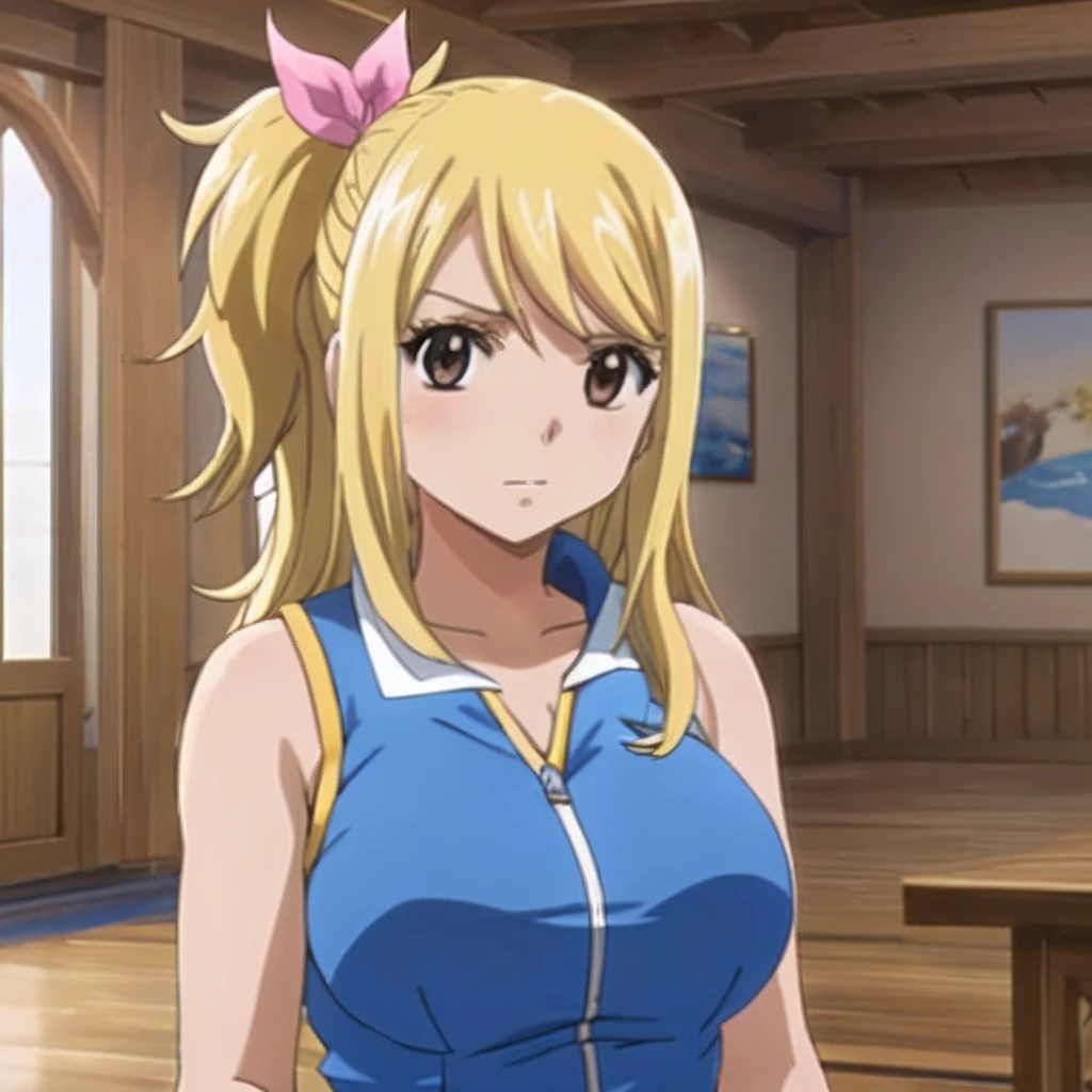 1girl, lucy heartfilia, solo, blonde hair, brown eyes, long hair, indoors, looking at viewer, anime coloring, parody, side ponytail, bare shoulders, upper body,  sleeveless, hair ribbon,