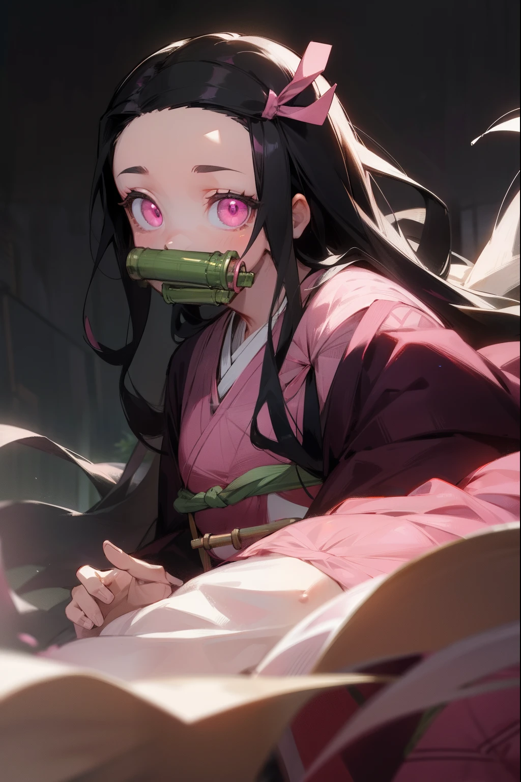 nezukokamado, nezuko kamado, bamboo, (bit gag:1.5), black hair, (forehead:1.5), gag, gagged, hair ribbon, long hair, multicolored hair, (pink eyes:1.5), orange hair, slit pupils, wavy hair, two-tone hair,
BREAK asa no ha (pattern), checkered sash, haori, japanese clothes, kimono, long sleeves, obi, pink kimono, sash, wariza, wide sleeves,
BREAK looking at viewer,
BREAK indoors,
BREAK (masterpiece:1.2), best quality, high resolution, unity 8k wallpaper, (illustration:0.8), (beautiful detailed eyes:1.6), extremely detailed face, perfect lighting, extremely detailed CG, (perfect hands, perfect anatomy),