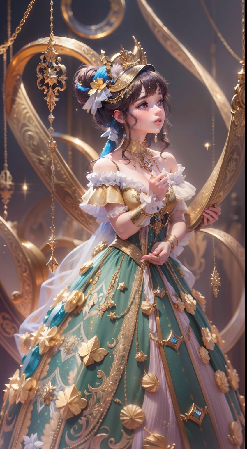 A hyperbelle Renoir with gold glitter around the neck 4k image resolution