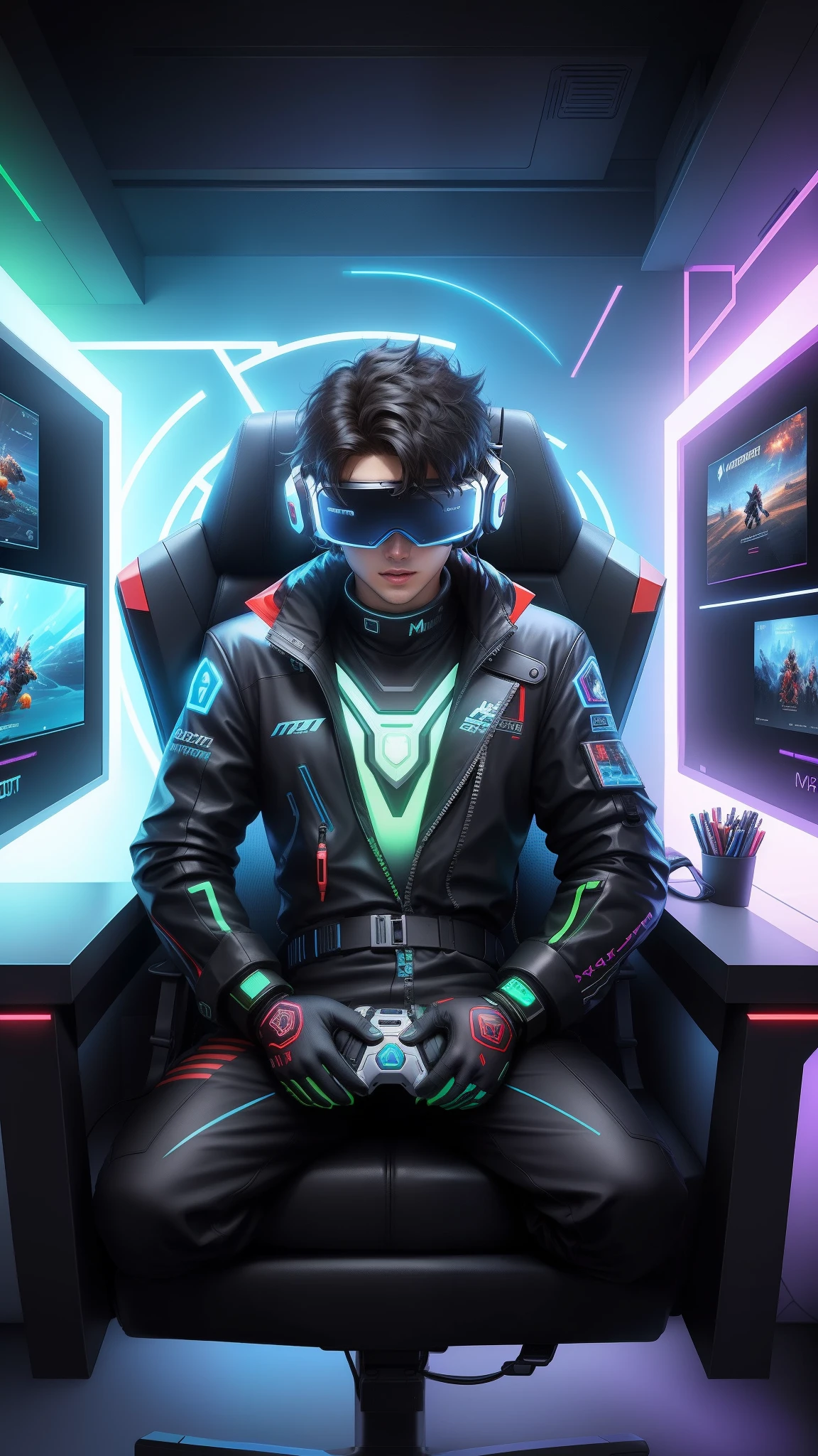 "Dynamic gamer boy in a futuristic virtual reality world, wearing high-tech gaming gear, immersed in an intense gaming session, surrounded by vibrant futuristic graphics and holographic displays."