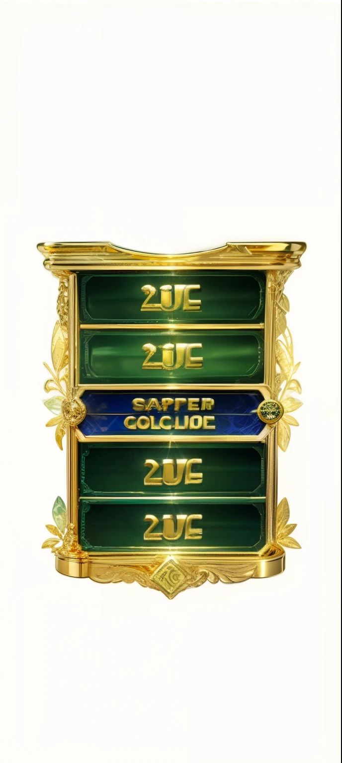 Green and gold logo with gold border and blue banner, With many gold coins, ability image, Rich in epic detail, Mild, ultra detailed 16k, 20k, Very tiny, Tiny details, gold noble, cash, Super high resolution, with bread in the slots, many exotic high end features, ornate gold, golden miniatures