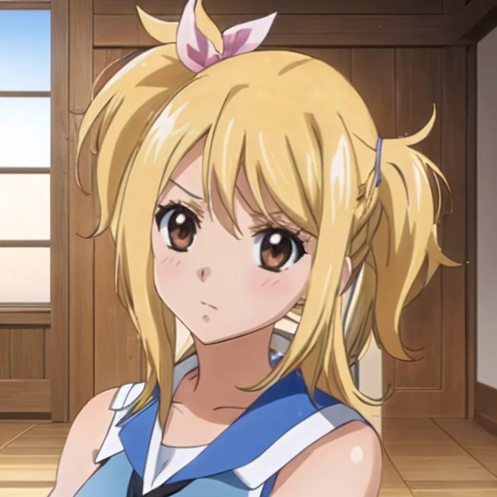 1girl, lucy heartfilia, solo, blonde hair, brown eyes, long hair, indoors, looking at viewer, anime coloring, parody, side ponytail, bare shoulders, upper body,  sleeveless, hair ribbon,