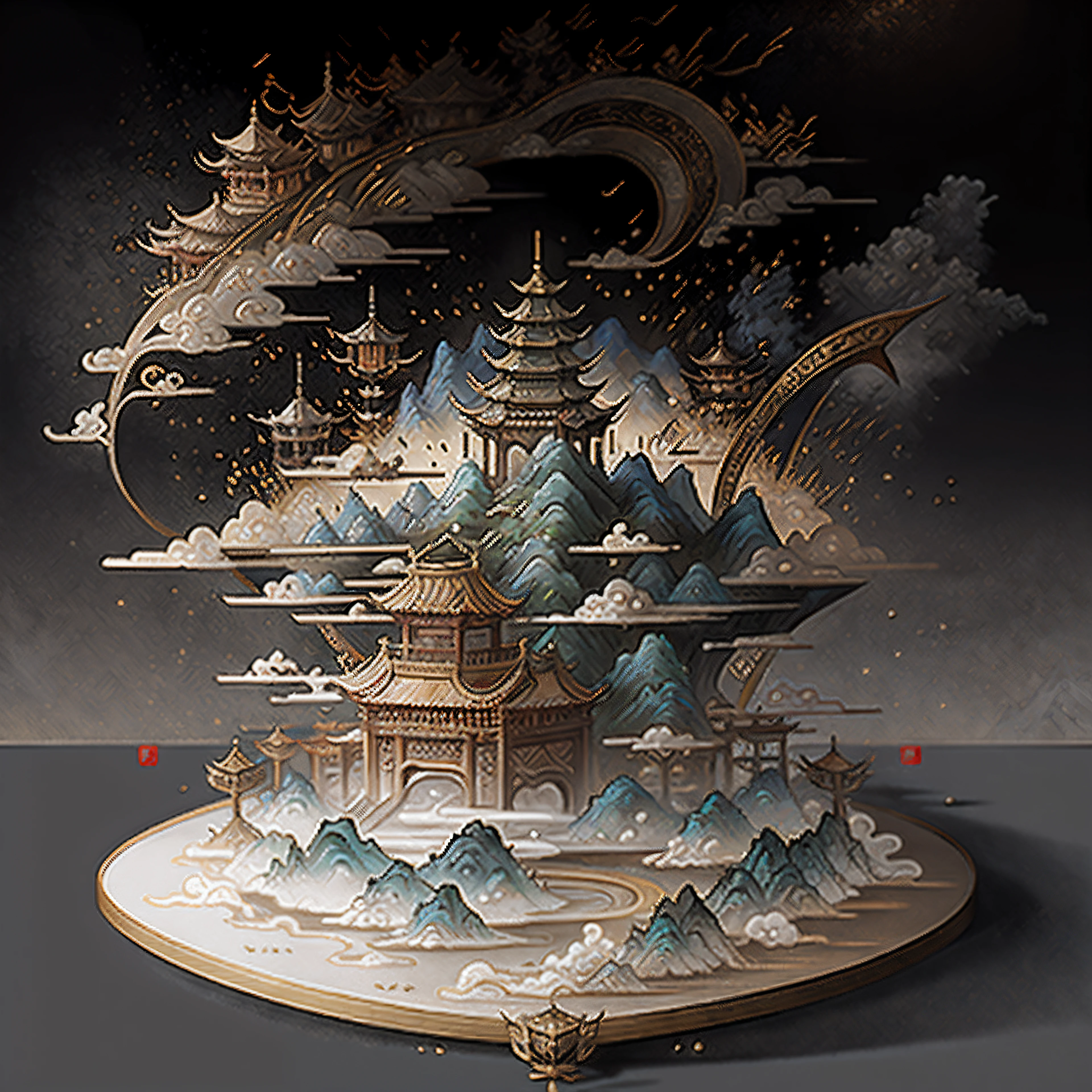 An ancient Chinese painting, Ancient Chinese background, mountain ranges, Auspicious clouds, Pavilions, rays of sunshine, tmasterpiece, super detailing, Epic composition, hyper HD, high qulity, extremely detaile, offcial art, 统一 8k 壁纸, super detailing