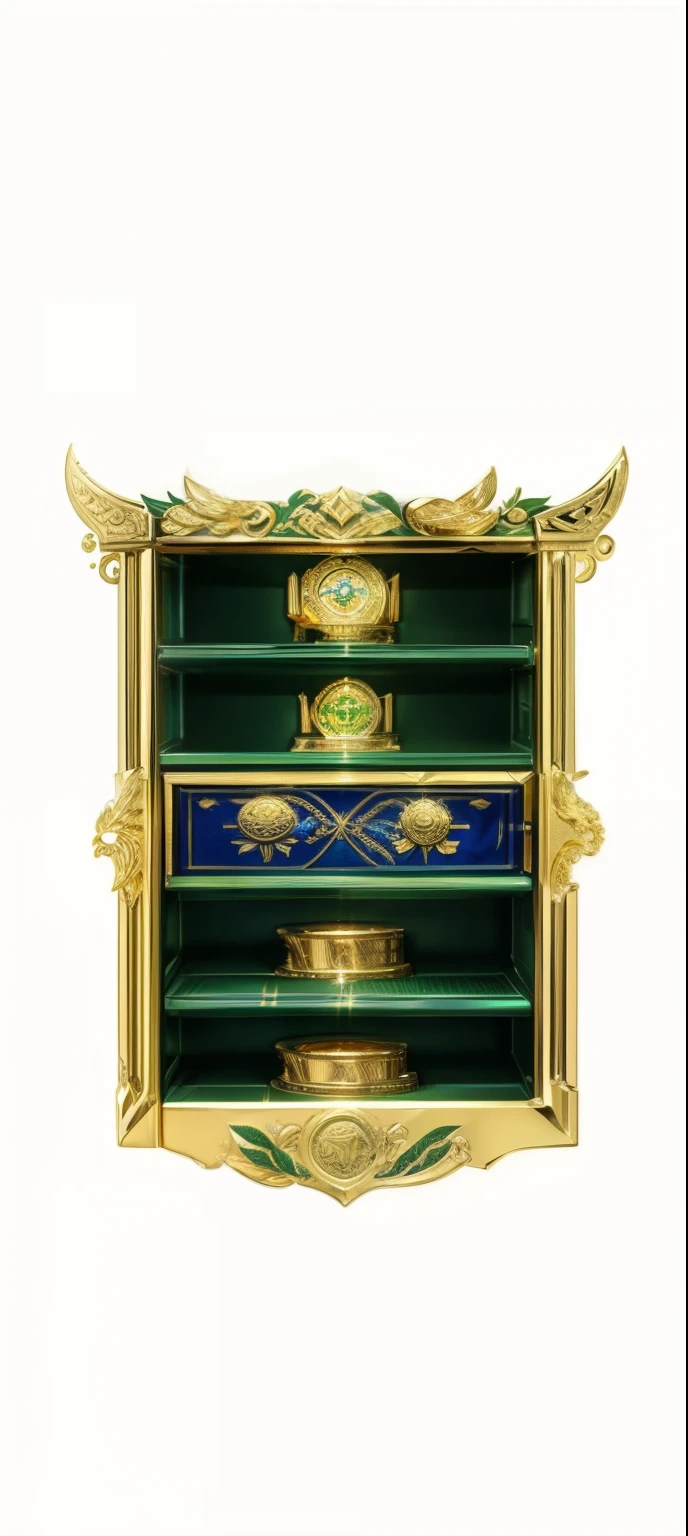 Green and gold logo with gold border and blue banner, With many gold coins, ability image, Rich in epic detail, Mild, ultra detailed 16k, 20k, Very tiny, Tiny details, gold noble, cash, Super high resolution, with bread in the slots, many exotic high end features, ornate gold, golden miniatures