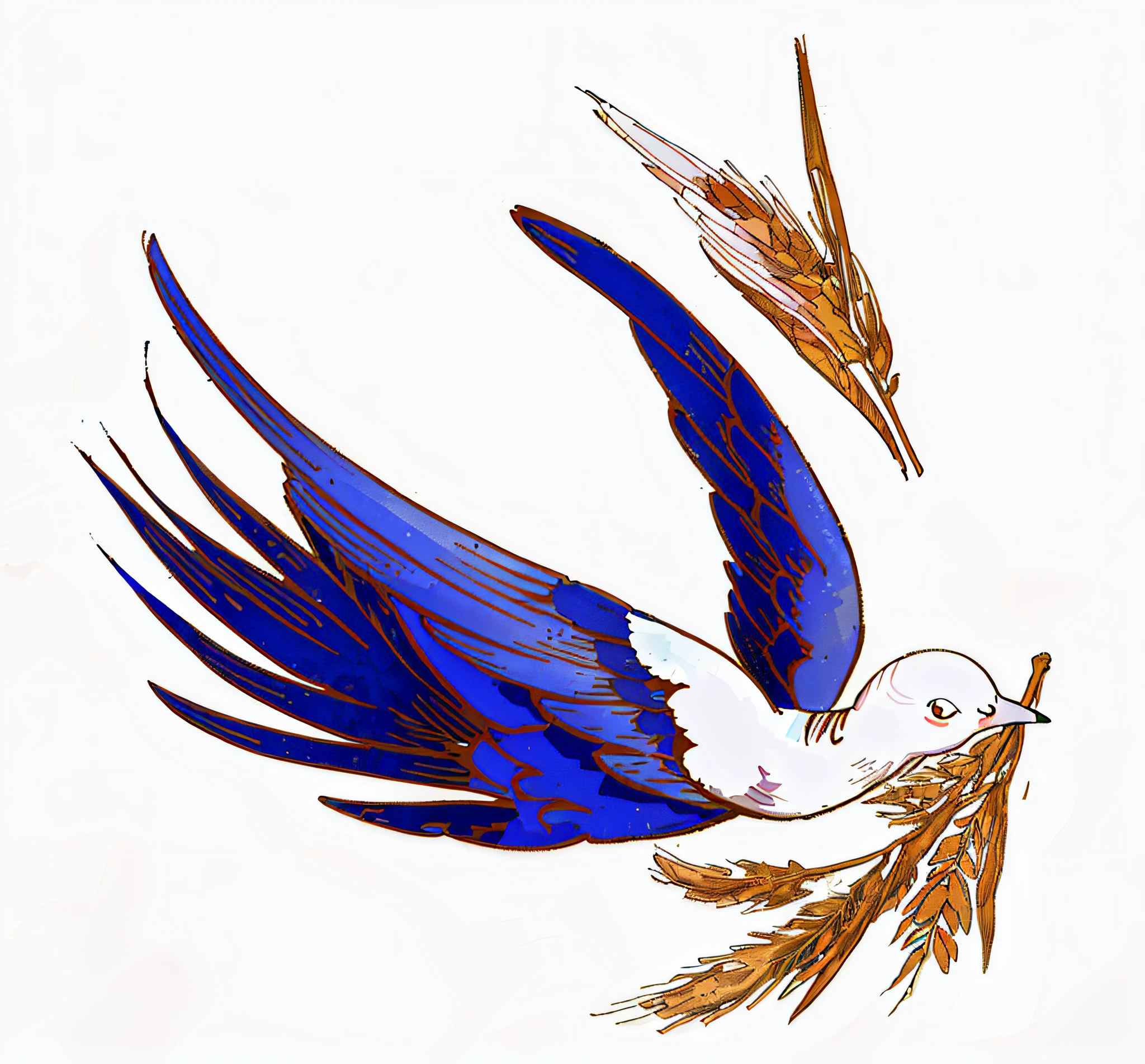 There is a bird flying,There is a branch stuck in the beak, ophanim has bird wings, digitally colored, A illustration, Dove, bluejay, Harvest, blue phoenix bird, author:Shinki Shiro, full-colour illustration, Inspired by Jean Colombe, added detail, colored screentone, surrealistic bird, author:Valeria Denes