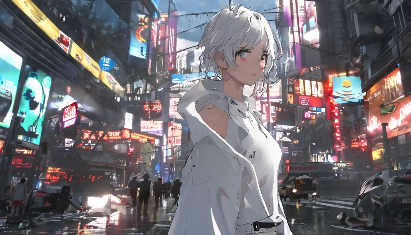 randome pose、mix4、(8K、RAW Photography、top-quality、masterpiece:1.2)、(blue hairs、piercings、realisitic、1girl in、cute little、A city scape、natta、Sateen、wet、profetional lighting、photon maping、Radio City、Based on physical rendering、Gradient black hair、white hair、short hair、a handsome、girl with、White Ballsuit、Superior Quality、hight resolution、1080p、(clearface)、(Detailed face description)、(Detailed hand description)、(masterpiece)、(Exquisite CG)、extreme light and shadows、hair messy、masterpiece、lush detail、(Exquisite facial features)、(top-quality)、(masterpiece)、(Delicat eyes)、Looking forward to your eyes、exquisite collar bone,