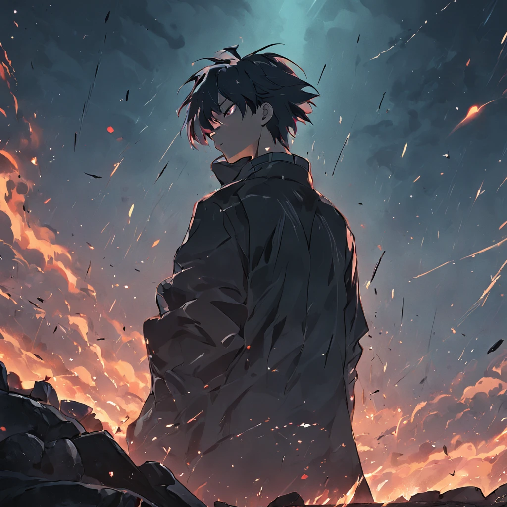 A man with a gun stands on a battlefield of despair，Dark style，He seemed to be thinking about something