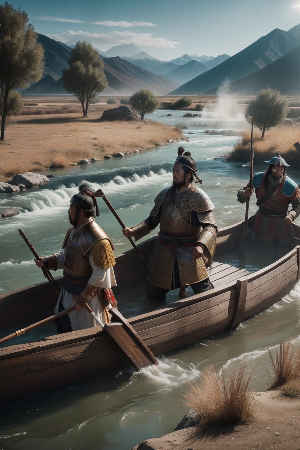 Create an image illustrating why Mongols avoided bathing. Show a Mongol warrior near a river, looking concerned about polluting the water, while spiritual figures appear displeased. Convey the belief that bathing could anger the spirits through visuals, epic, realistic, 8k