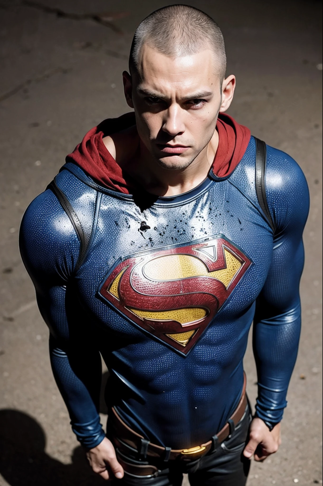 1male, Superman, Standing, Adult, Slim, Buzz Cut, Punk Man, Mad Max, (disheveled clothes: 1.4),