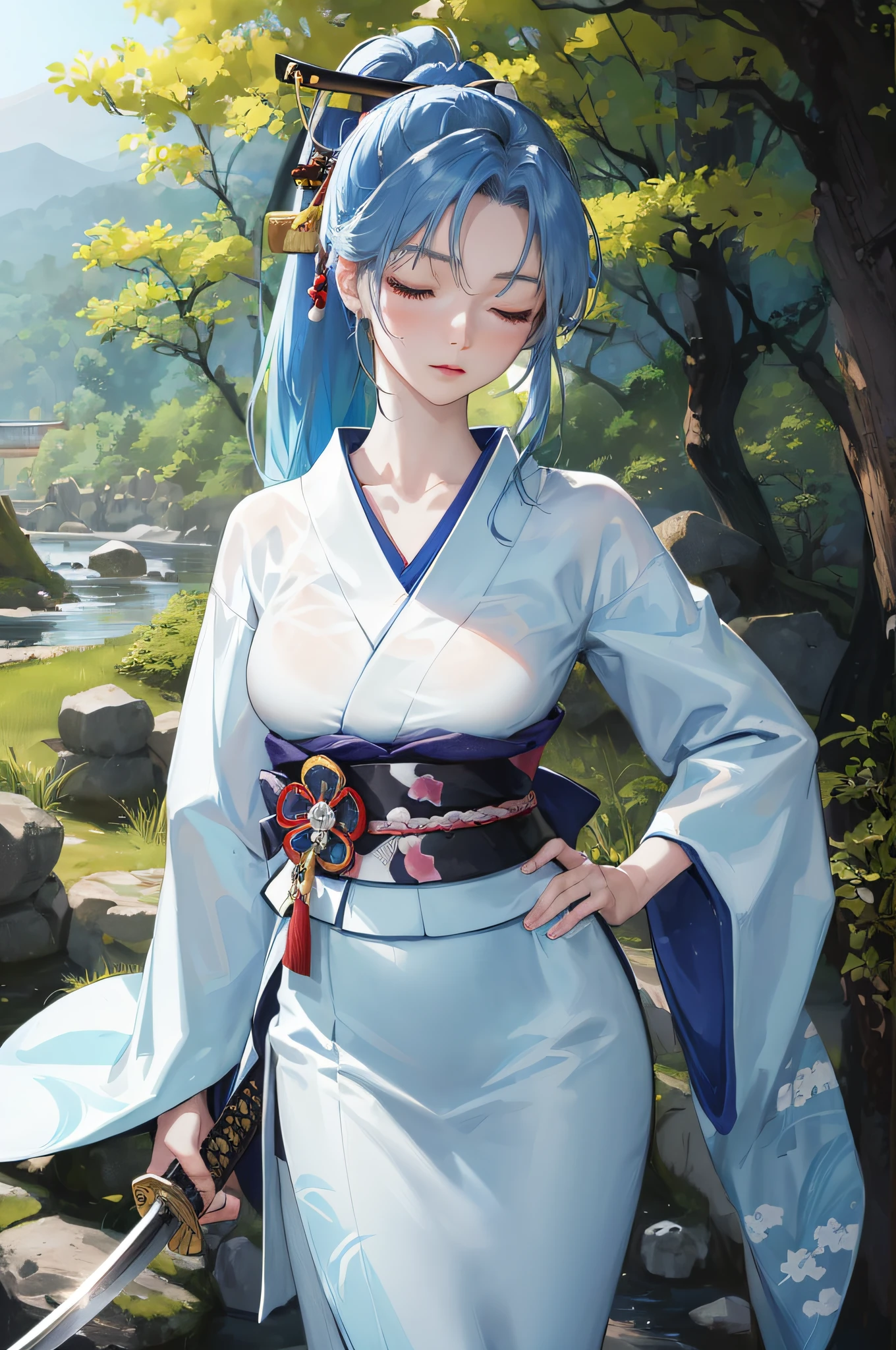 Official art, masutepiece, Sharp Focus, (Beautiful cute Japan woman:1.3), (Beautiful cute Japan:1.3), Japan Beauty, Delicate and beautiful hair and face, Realistic, ultra-detailliert, Beautiful Girl, Stand in the middle of a deep forest, Long ponytail, ((Holding a samurai sword in front of the body)), (With a scabbard), slender, Nice very big hips, shush, Serious, ((Closed eyes)), Scenery, Blue belt, ((Detailed blue hair)), (White kimono), pale skin, Epic Landscapes,