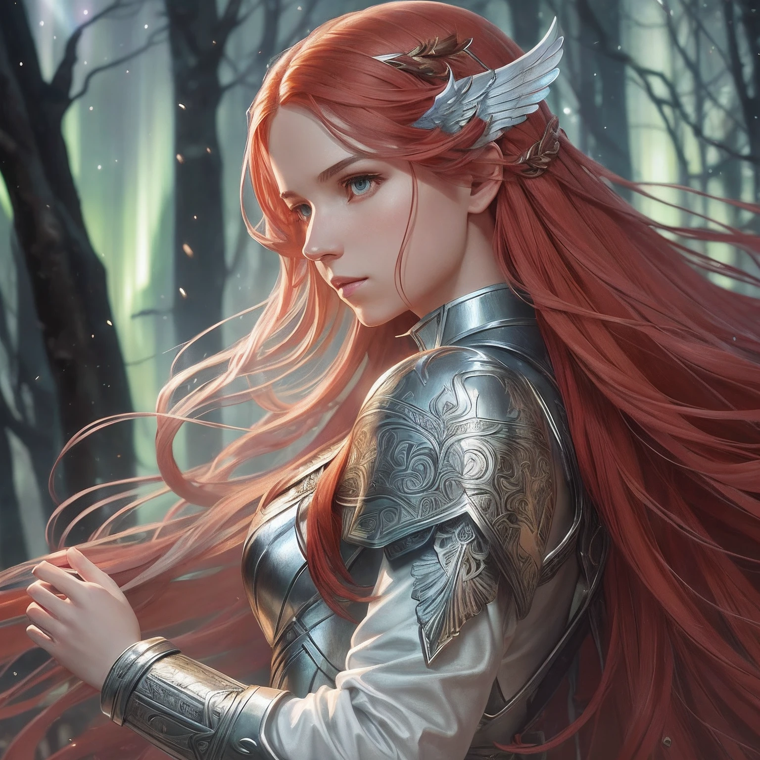 (atmosphere with light and a tree behind)+ 8k aurora portrait, girl with super long hair, super long very light red hair, in battle clothes, with giant silver wings on the back, intricate, highly detailed, digital painting, smooth, sharp focus, illustration, unreal engine 5, 8 k, art by Artgerm and Greg Rutkowski and Alphonse Mucha