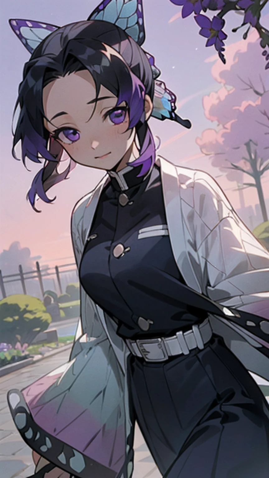 Ultra-realistic 8k CG,masterpiece,((ultra-detailed background, delicate pattern, intricate details)),best quality,very detailed face,extremely detailed eyes and face,extremely detailed eyes,kochou shinobu,multicolored hair,no bangs,hair intakes,purple eyes,forehead,black shirt,black pants,haori,butterfly,buttons,belt,(Garden:1.2),purple flower,chibi,cloudy sky,sunlight,Tindal effect,gradient_sky,face,Gorgeous sky,Waist Sabre,Charming posture,