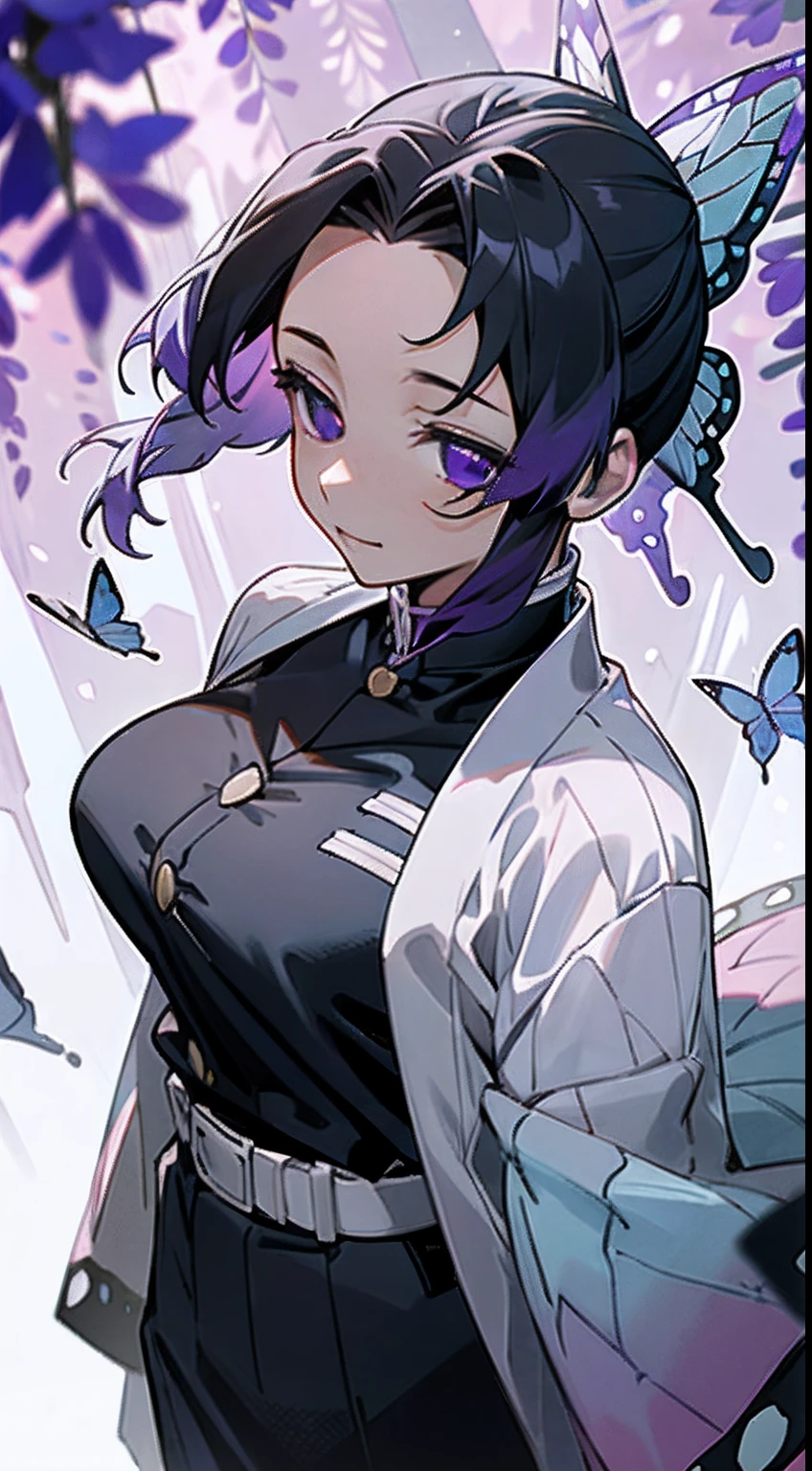 Ultra-realistic 8K CG,tmasterpiece,((Ultra detailed backgrounds,delicate patterns,Complicated details)),Best quality at best,very vey very detailed face,very detailed eyes and faces,Very detailed eyes,Kochou Shinobu,O cabelo multicolorido,No bangs,hair intakes,Purple eye,Forehead,Black shirt,Black pantsuit,haori,butterflys,Button,obi strip,(trpical garden:1.2),purple flower,tchibi,mostly cloudy sky,rays of sunshine,Tyndall effect,Gradient_sky,the face,beautiful sky,Saber on the waist,captivating posture,(Large breasts),(cleavage),(Off-the-shoulder attire:1.3)