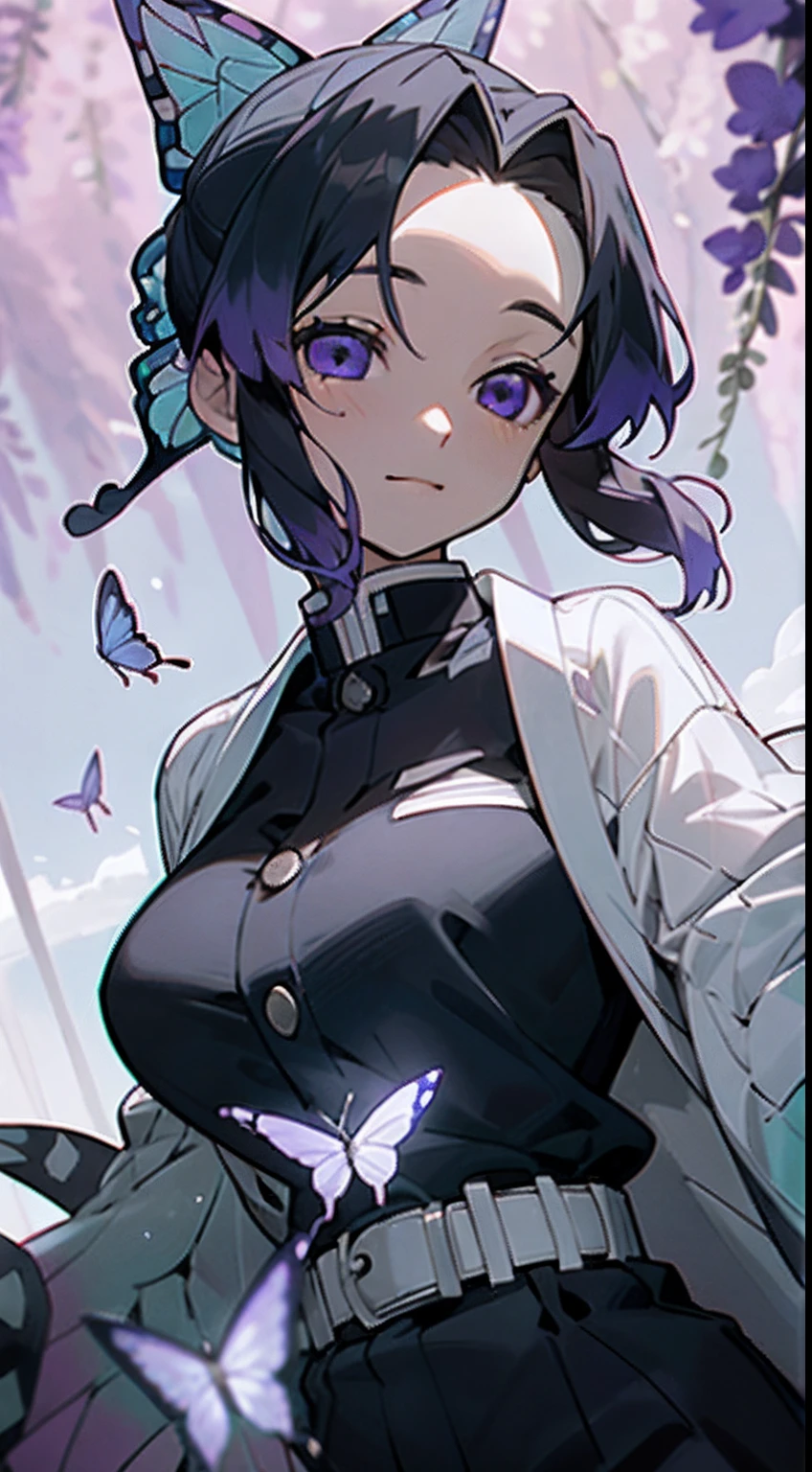 Ultra-realistic 8K CG,tmasterpiece,((Ultra detailed backgrounds,delicate patterns,Complicated details)),Best quality at best,very vey very detailed face,very detailed eyes and faces,Very detailed eyes,Kochou Shinobu,O cabelo multicolorido,No bangs,hair intakes,Purple eye,Forehead,Black shirt,Black pantsuit,haori,butterflys,Button,obi strip,(trpical garden:1.2),purple flower,tchibi,mostly cloudy sky,rays of sunshine,Tyndall effect,Gradient_sky,the face,beautiful sky,Saber on the waist,captivating posture,(Large breasts),(cleavage),(Off-the-shoulder attire:1.3)