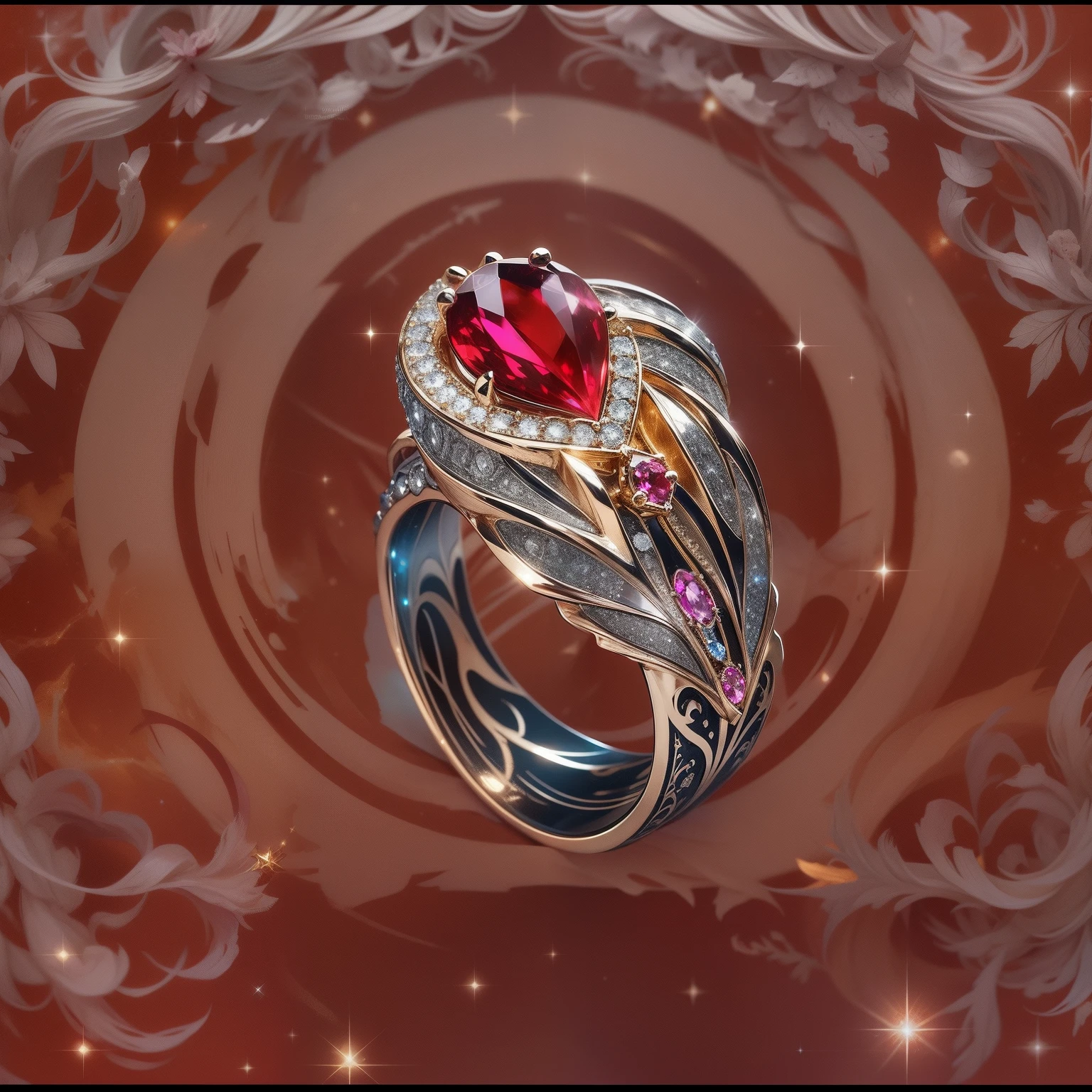 Masterpiece,highest quality,(Nothing but the ring),(No Man),Ring set with phoenix,starrysky,Wrapped around the end from beginning to end,Exquisite Prutim ring,Starry sky in the ring,The sheen,inverted image,Sparkling red gemstones,Elegant and noble,simple backgound