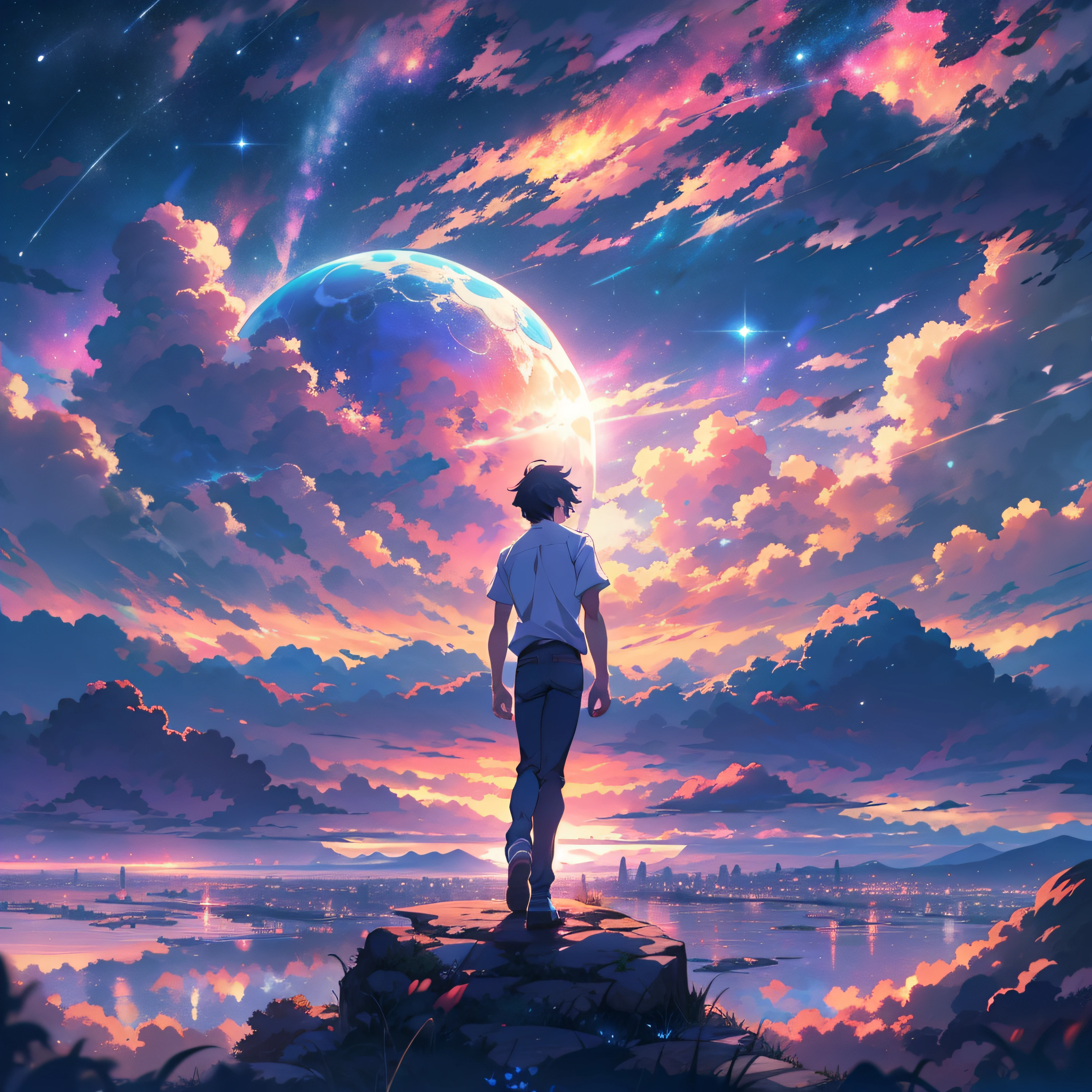 anime - style scene of a beautiful sky with a star and a planet, cosmic skies. by makoto shinkai, anime art wallpaper 4k, meteor fall, anime art wallpaper 4 k, anime art wallpaper 8 k, anime wallpaper 4k, anime wallpaper 4 k, 4k anime wallpaper, anime sky, amazing wallpaper, anime background, anime background art, reflection, quantum transisition, white shirt, black jeans, in the top of mountain.