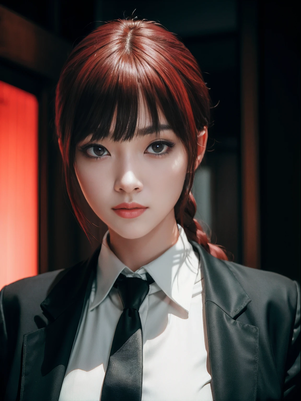 ((Masterpiece, high resolution:1.4)), Cinematic film still, korean idol,(medium shot), dynamic pose, (photography:1.1), (photorealistic:1.1), 1girl, japanese girl, beautiful model, beautiful face, perfect face, confident facial expression, pale skin, seductive look, indoor, ((detailed facial features)), (cold colors), damp, moist, dark mood, intricate details, shallow depth of field, (evil:1.2), looking at viewer, (interview:1.3), cinematic red light, (red light), night, photographed on a Canon EOS R5, 50mm lens, F/2.8, HDR, 8k resolution, (ulzzang-6500:0.5), (collared white shirt), (black necktie), uniform, black pants, (red hair)+(long braided hair)+(bangs), collared shirt, intricate, high detail, dramatic, polished, sharpened, ((full Sharp)), (extremely absurdres),16k hdr
