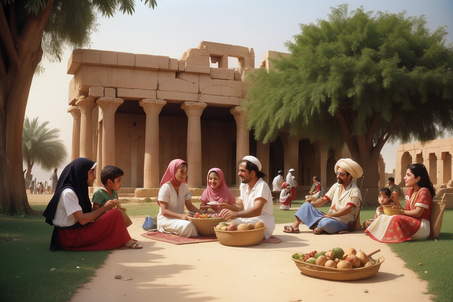 Year: 1999
Country: Iraq
Description: In the historic city of Babylon, an upper-middle-class family enjoys a leisurely afternoon picnic near the Hanging Gardens. The family members, dressed in eccentric yet harmonious outfits, laugh and share stories against the backdrop of the ancient ruins.