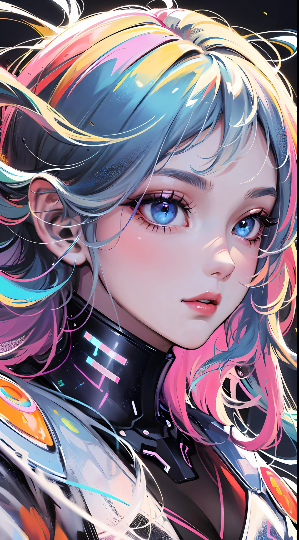 AI Composition, Perfect Masterpiece, Highest Quality, Perfect Picture Quality, 8K, Full Body Lens, (Front Portrait: 1.5), Delicate Face, Close-up of Face, Holographic Phantom Background, Digital Art, Graphic Illustration, Color Illustration, Very Fine Style,