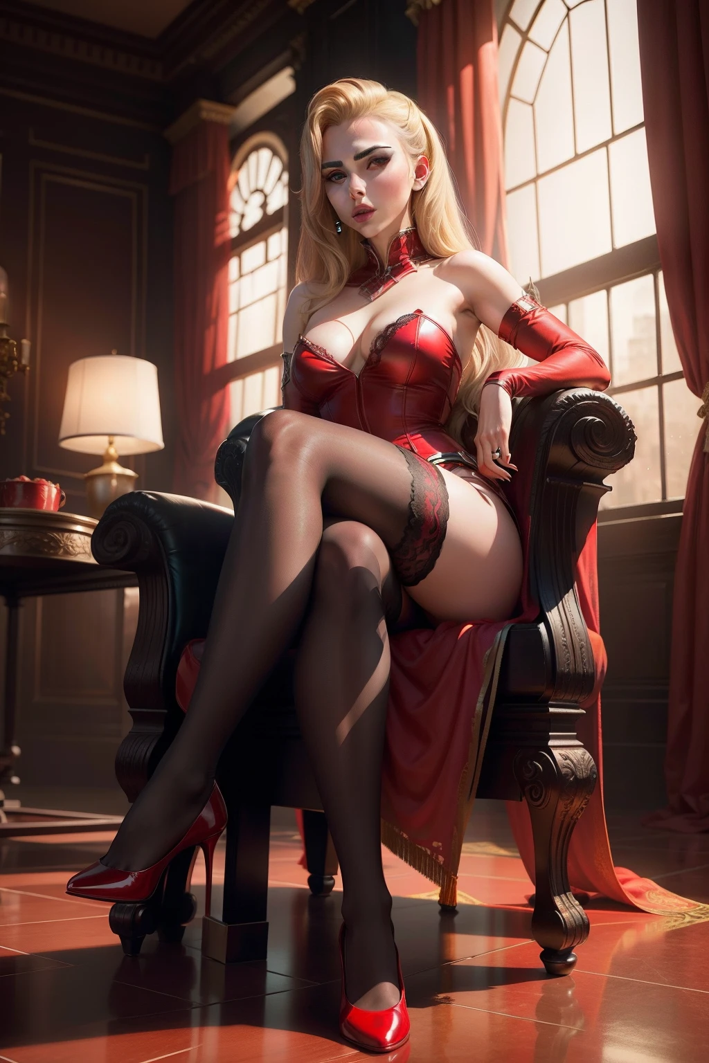 Scarlett Johansson,Raised sexy,Long legs,your jade feet,Red stockings,Bare lace all over,Red knee-length socks,Sit on the throne,Realistic red stockings,Domineering expression