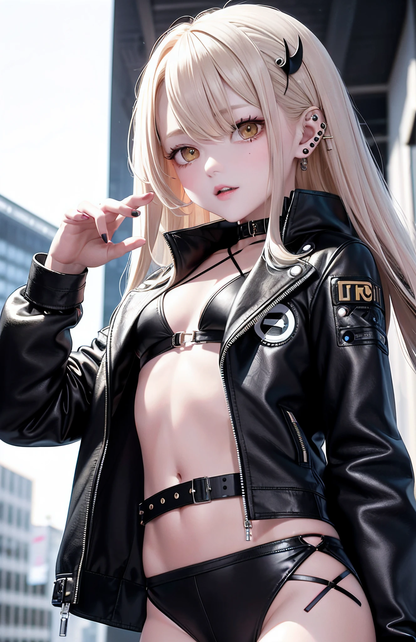 optimum,tmasterpiece,A high resolution,best qualtiy,hyper HD,super detailing,Award-Awarded,16k,独奏,((The upper part of the body)),((Bust)),anatomy correct,Beautiful cyberpunk girl,cute face,,Gradient Beige Hair,Hairline,((Bright golden eyes)),long eyelasher,Hanging eye corners,White skin of the,(small boobs),(Slim body),((Women's extra short shawl leather jacket)),((goth style,tutu)),(()),ear studs,(Neck strap),(Laser material clothing:1.2)