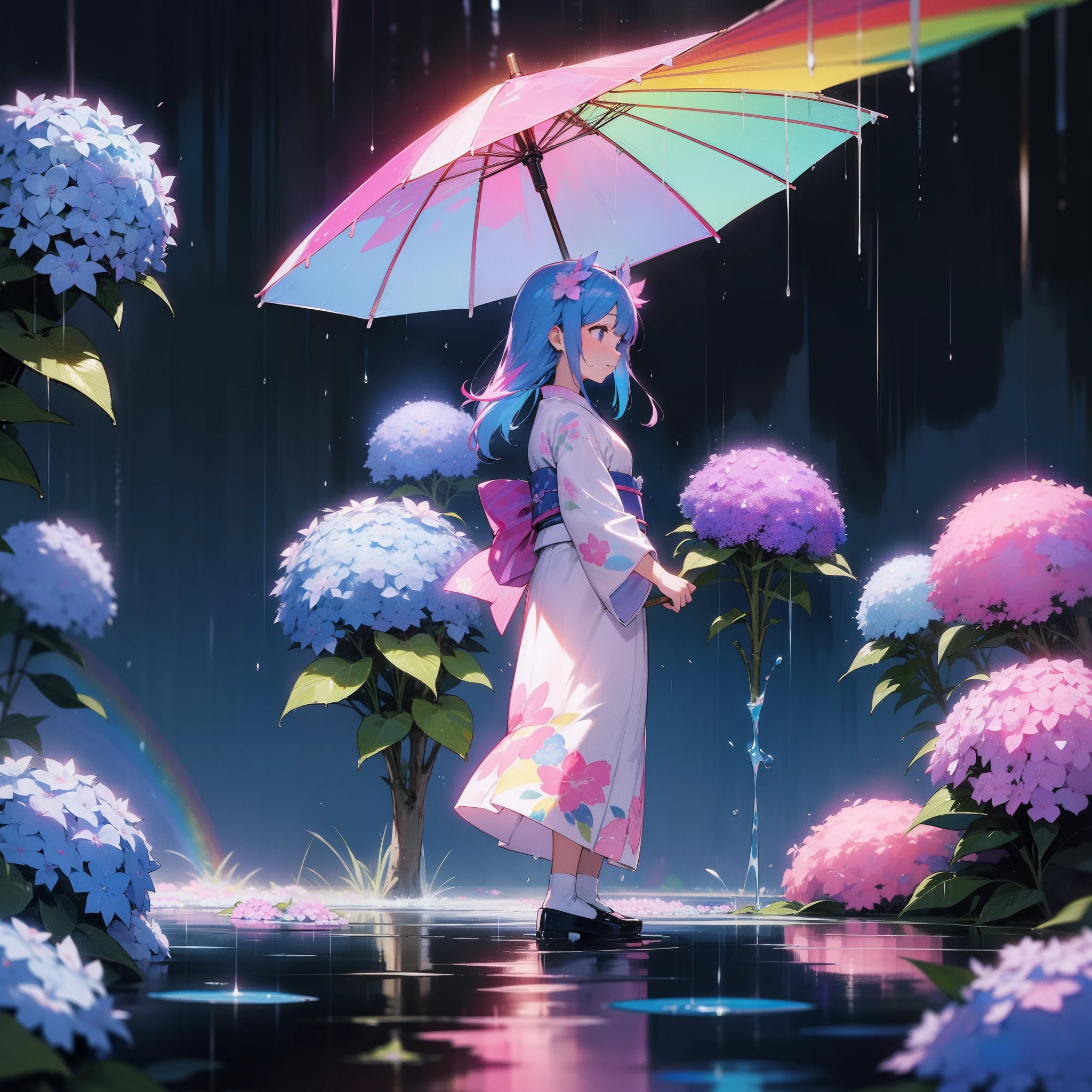 In a beautiful and aesthetic landscape、1 girl standing。Her blue and pink colorful hair is、Fluttering in the breeze、Harmonize with her blue and pink colorful kimono。At the foot、Colorful hydrangea flowers々Shines wet in the rain、Beyond that is a mysterious rainbow。In this beautiful world、She is like a rainbow goddess、It was as if it was projected at the highest image quality.。