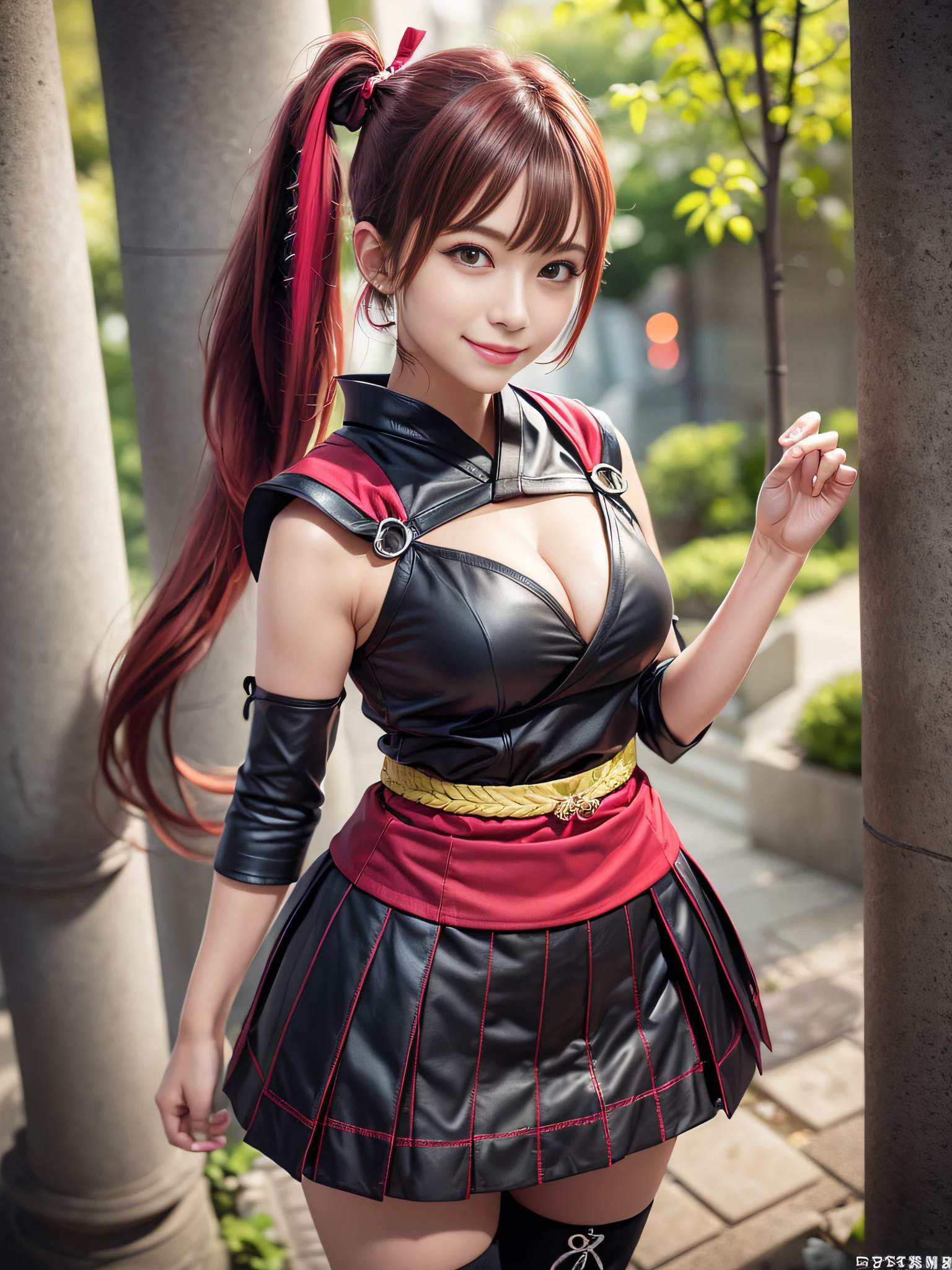masterpiece、(top-quality:1.32), nffsw、( 超A high resolution: 1.3), (CG Unity 8k wallpapers:1.2), (Detailed eyes and skin:1.35), (detailed facial features:1.25), (Detailed eyes:1.36), precise and perfect human body structure, (Textured skin: 1.26), (Photorealistic Raw Photos: 1.27), award - winning photo, Depth of Picture, Shading by sunlight、
Tsurime、smirking mischievously、cleavage of the breast、Medium、Attractive thighs、juicy thighs、
Red hair, ((Side Ponytail:1.5)), thick bangs,
((Samurai costume:1.2))、skirt by the、long boots、 a wizard、Sorcerer、 Fantasia、Pillar of fire、Fireball、