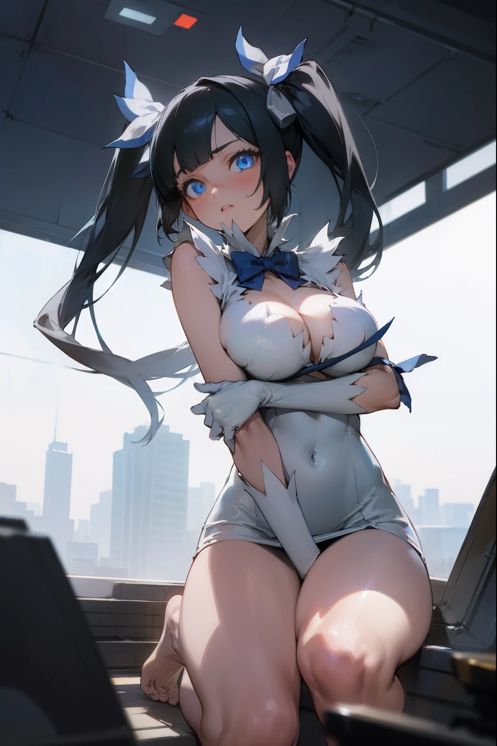 danmachihestia, hestia, blue eyes, black hair, twintails, 
BREAK barefoot, blue bow, blue bowtie, bow, bowtie, cleavage, cleavage cutout, clothing cutout, dress, gloves, pencil dress, rei no himo, short dress, white dress, white gloves,
BREAK looking at viewer,
BREAK outdoors, city,
BREAK (masterpiece:1.2), best quality, high resolution, unity 8k wallpaper, (illustration:0.8), (beautiful detailed eyes:1.6), extremely detailed face, perfect lighting, extremely detailed CG, (perfect hands, perfect anatomy),