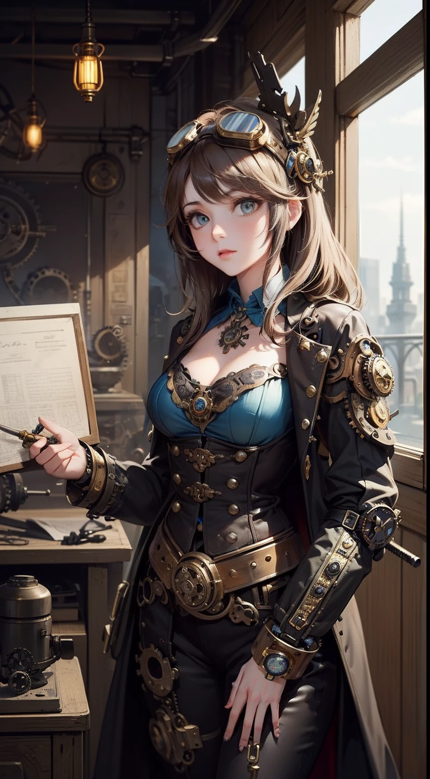 ((masterpiece)), (1girl), (steampunk theme:1.5), (mechanical elements:1.3), (goggles:1.2), (inventor:1.1), (engaged expression), (active pose), ((richly detailed workshop background)), (assorted gears:1.2), (steam-powered machinery), (blueprints),(flickering gaslights:1.1), (clockwork creations),(innovative:1.3),(brass and copper tones)
In a world of steampunk and innovation, a talented female inventor stands within her bustling workshop. She dons goggles, which rest on her forehead, highlighting her inquisitive eyes filled with determination. Her outfit is adorned with mechanical elements and brass accents, reflecting her passion for invention. She assumes an active pose, one hand adjusting a complex gear system while the other sketches out new ideas on a piece of parchment.