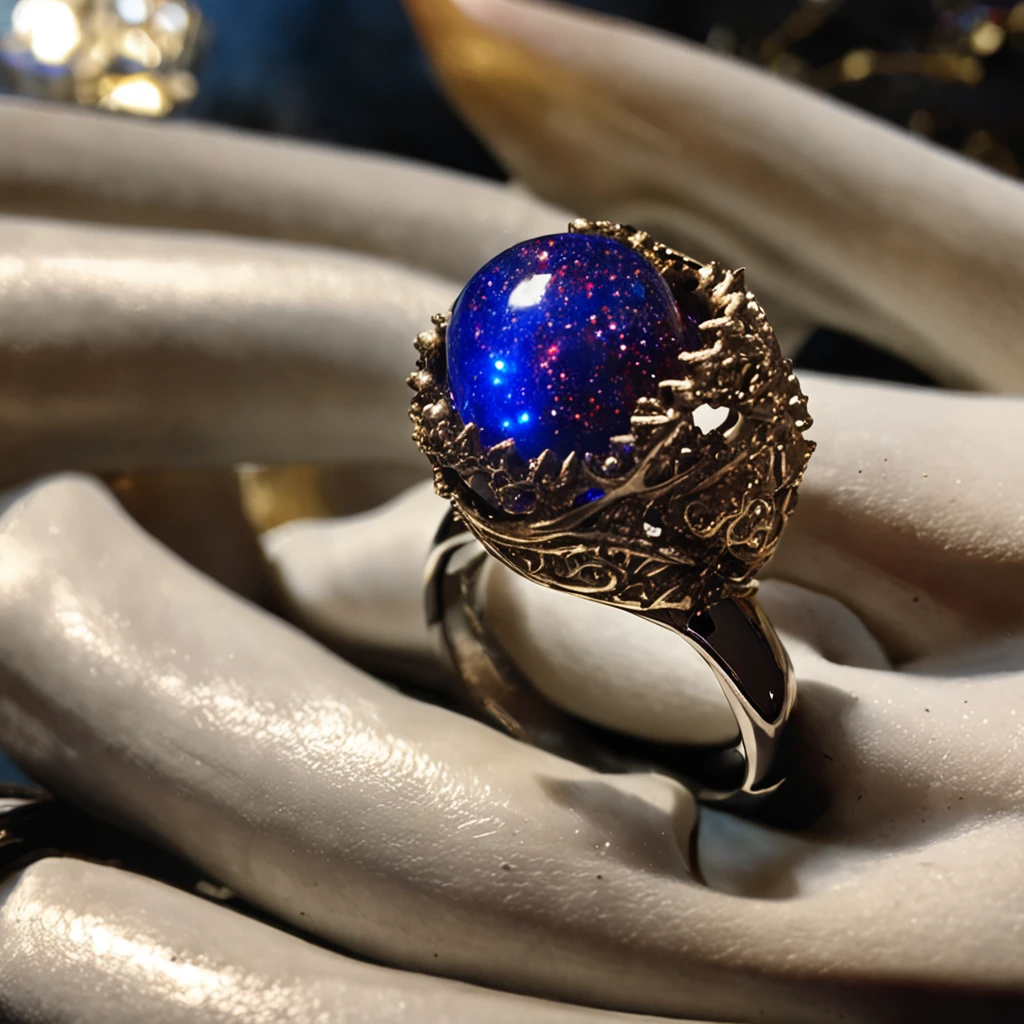 Masterpiece,highest quality,(Nothing but the ring),(No Man),Phoenix ring setting,starrysky,Wrapped around the end from beginning to end,Exquisite Prutim ring,Starry sky in the ring,The sheen,inverted image,Sparkling red gemstones,Elegant and noble,simple backgound