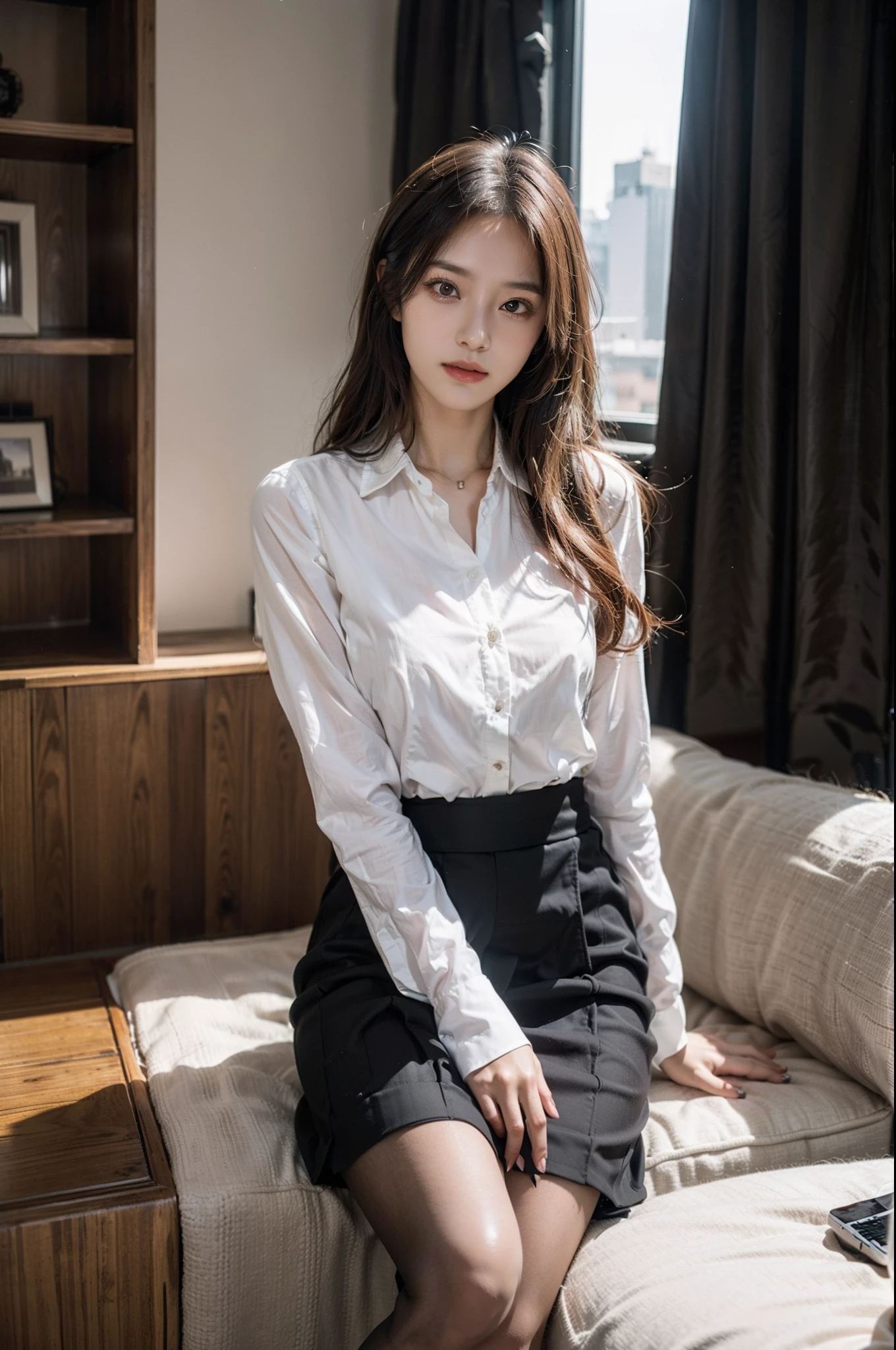 1girll,(European model:1.3),31 years old,delicated,Business womenswear,(jaket:1.1),(The shirt:1.1),(Wrap skirt:1.1),Accessories,jewelry,briefcase,Hosiery,Stockings,black lence stockings,goosebumps,Goose - meat,(Fidelity:1.3),filigree,quality,(tmasterpiece:1.2),(Fidelity:1.2),(best qualtiy),(skin detailed:1.3),(Complicated details),dramatics,Ray traching,photore,Bathed in shadows,visual novel,The boss's office for a skyscraper,window with view on the city,filmgrain,Depth of field 100mm,Flickr