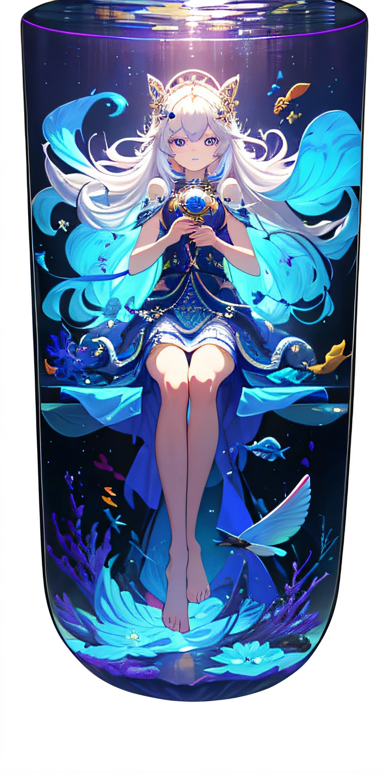 [(Transparent background:1.5)::5],(((Masterpiece))),(((Best quality))),(((Extremely detailed))),illustration, 1girll,Solo,mysterious,vivd colour,Shiny, Underwater transparent sealed hemispherical glass dome, (White hair),(Purple eyes), full bodyesbian,Barefoot,Long hair tranquility nature, Koi,Underwater, Dome,Close up,Dynamic actions,Lens perspective,(((Box composition))),sitting cross-legged，Leaning against the bookshelf, voluminetric lighting, multi colored eyes, Detailed eyes, ultra - detailed,Light smile, Highly detailed, Beautiful, small detailed, Ultra detailed, Best quality, Intricate, 4K, 8K, trending on artstationh, Good anatomy, Beautiful lighting, Award-winning,