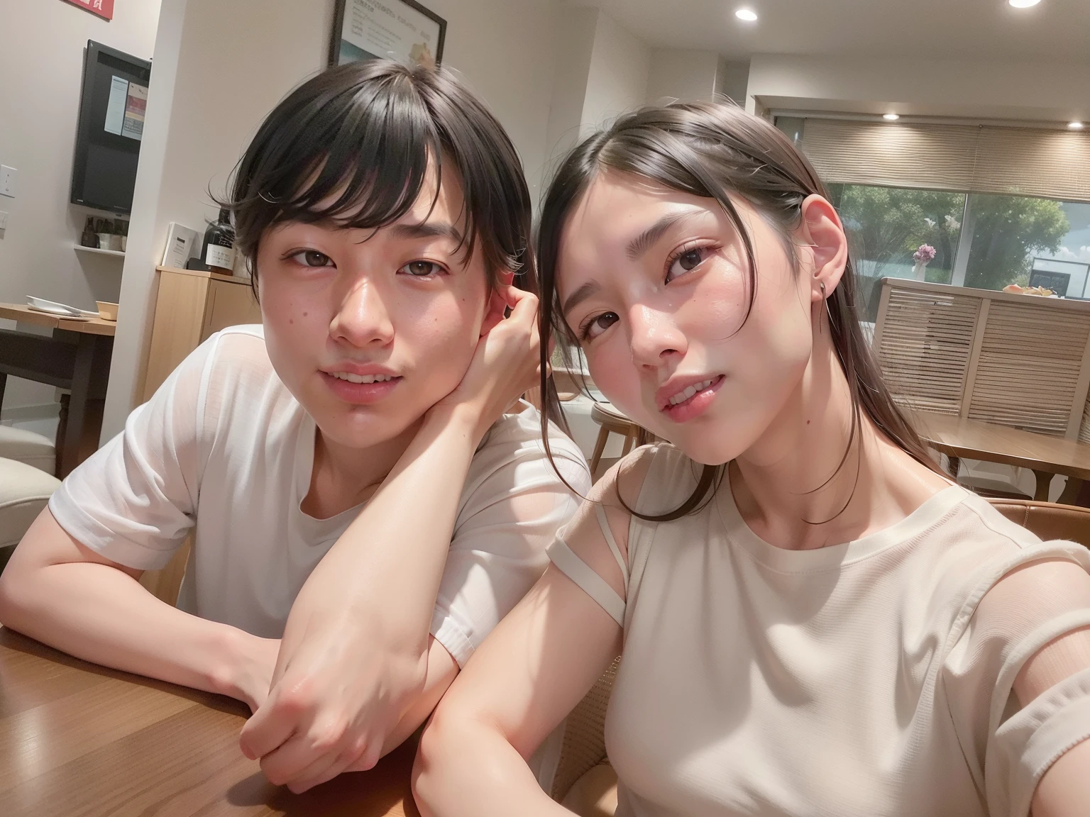there are two people sitting at a table with a plate of food, ruan jia and fenghua zhong, lovely couple, 8k selfie photograph, ruan jia and brom, tyler edlin and natasha tan, happy couple, jordan grimmer and natasha tan, kda and sam yang, shot on nikon z9, with ivy, in love selfie